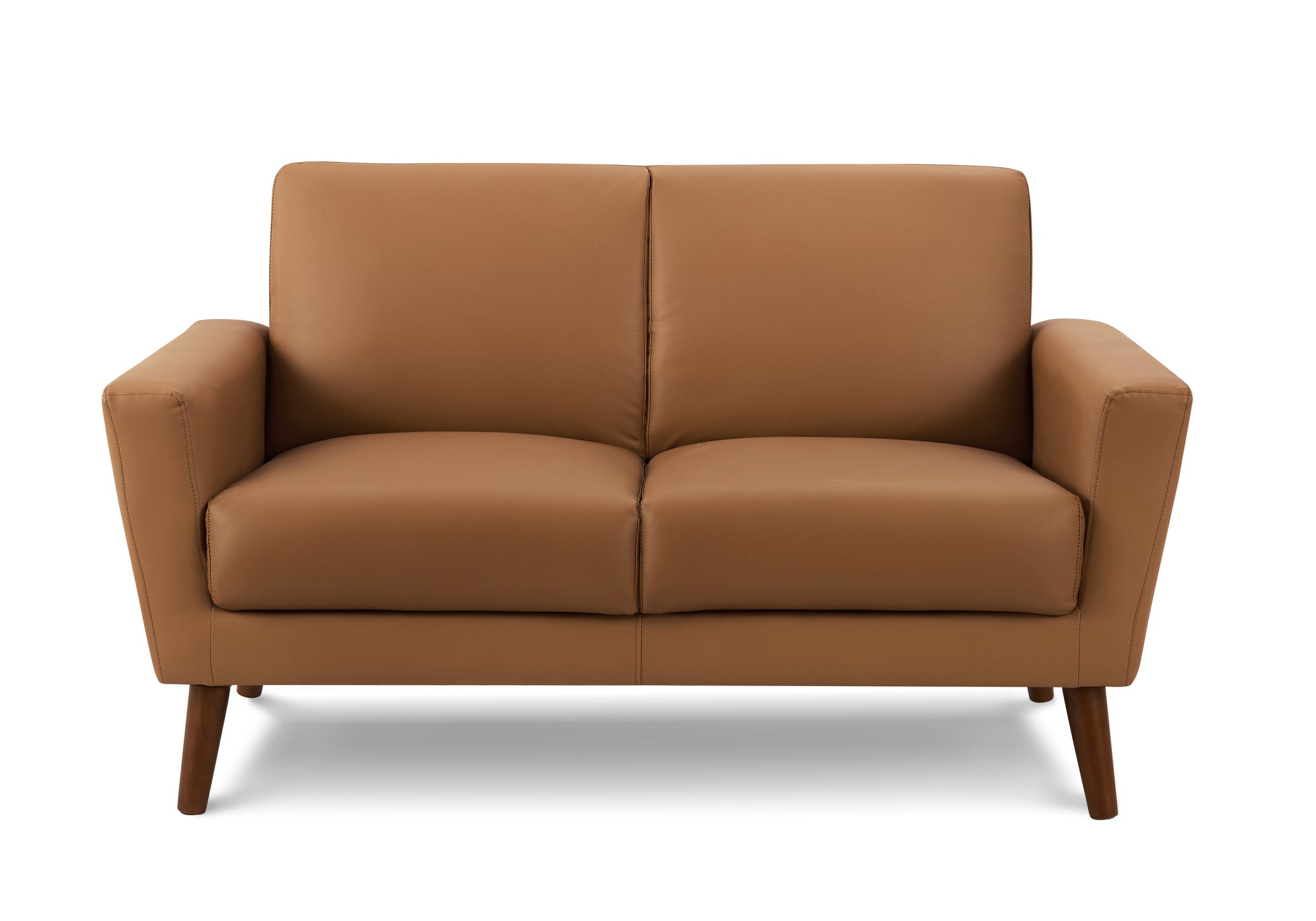 MN-438J22710    Love Seat, 58" L, Upholstered, Living Room, Brown Leather Look, Walnut Wood Legs, Mid Century
