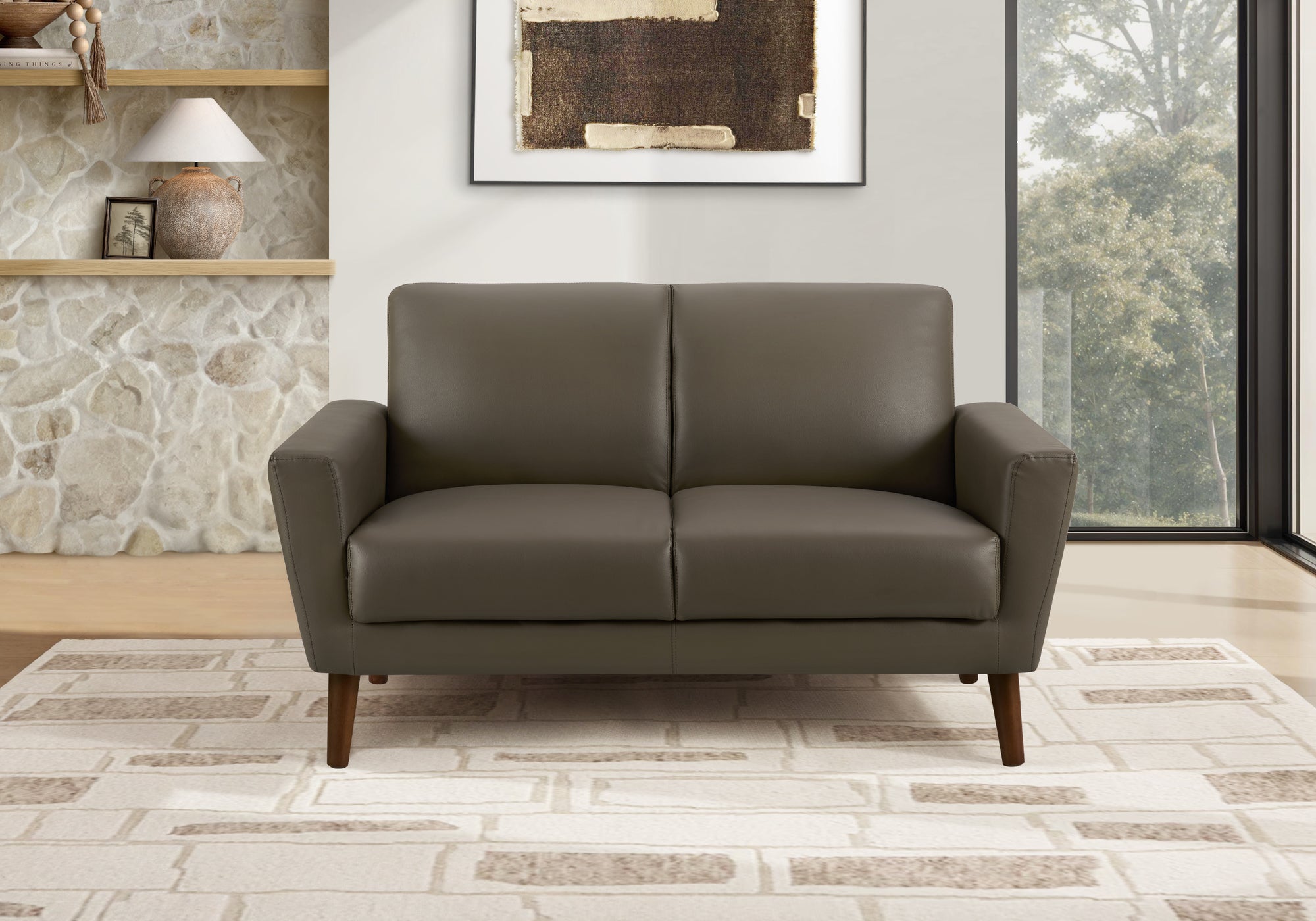 MN-448J22A08    Love Seat, 58" L, Upholstered, Living Room, Brown Leather Look, Walnut Wood Legs, Mid Century, Modern