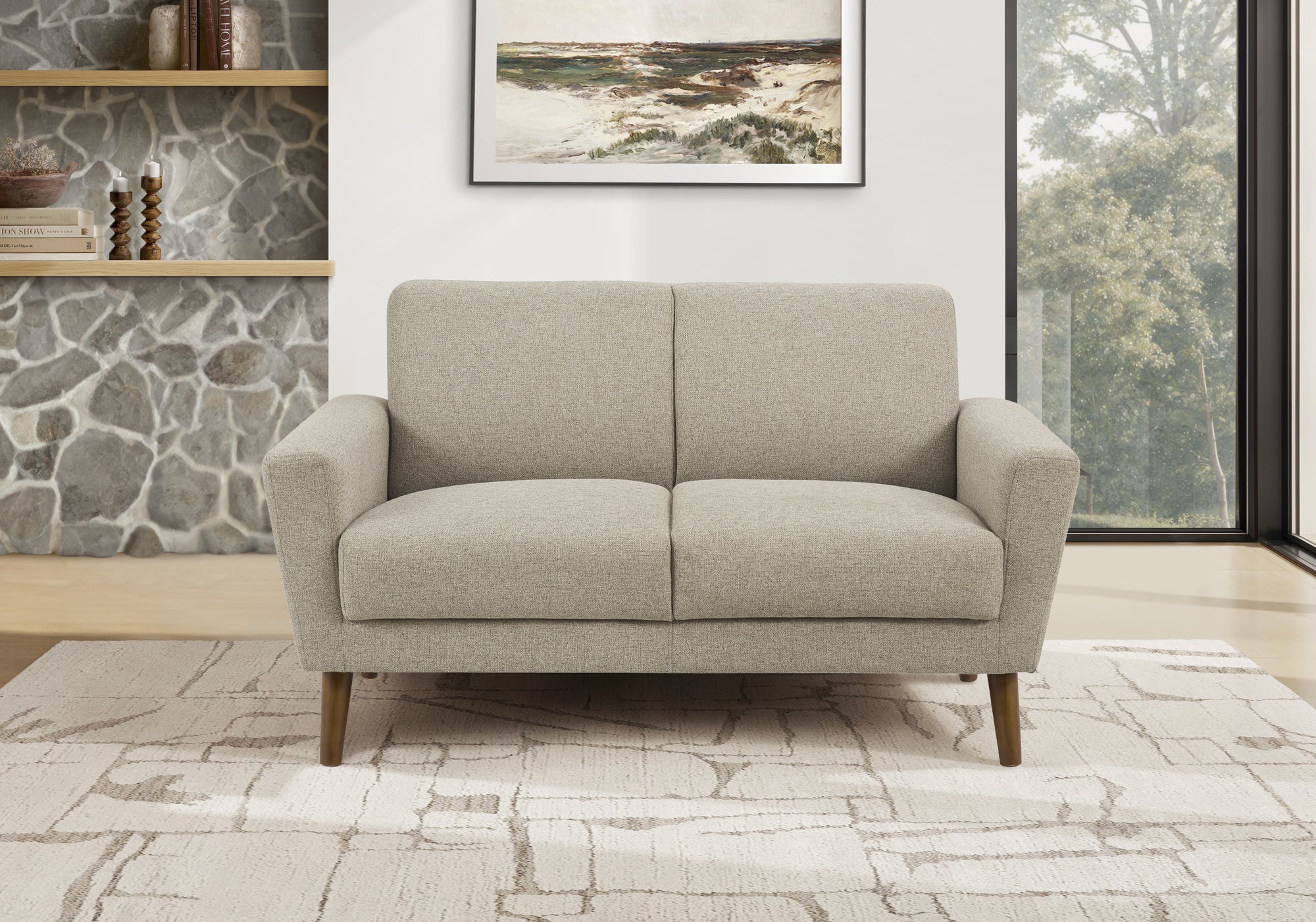MN-458J22L31    Love Seat, 58" L, Upholstered, Living Room, Light Brown Fabric, Walnut Wood Legs, Mid Century, Modern