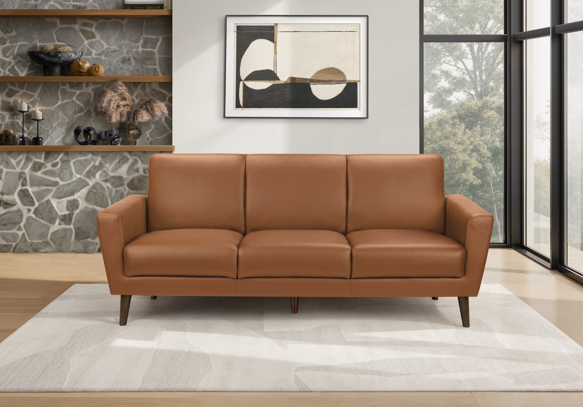 MN-F468J23710    Sofa, 77"l, Upholstered, Solid Wood Legs, Brown Leather-look, Walnut Solid Wood Legs, Mid Century