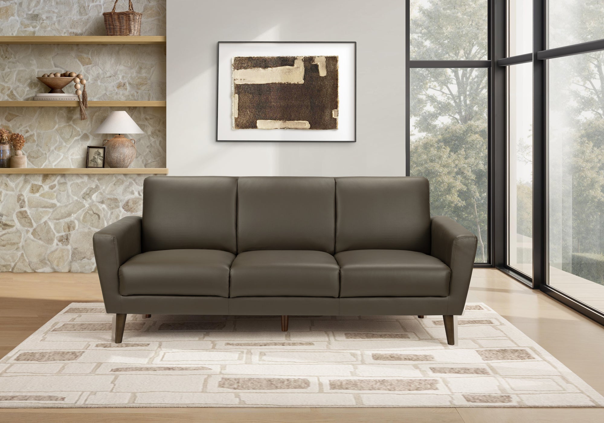 MN-478J23A08    Sofa, 77"l, Upholstered, Solid Wood Legs, Brown Leather-look, Contemporary, Modern