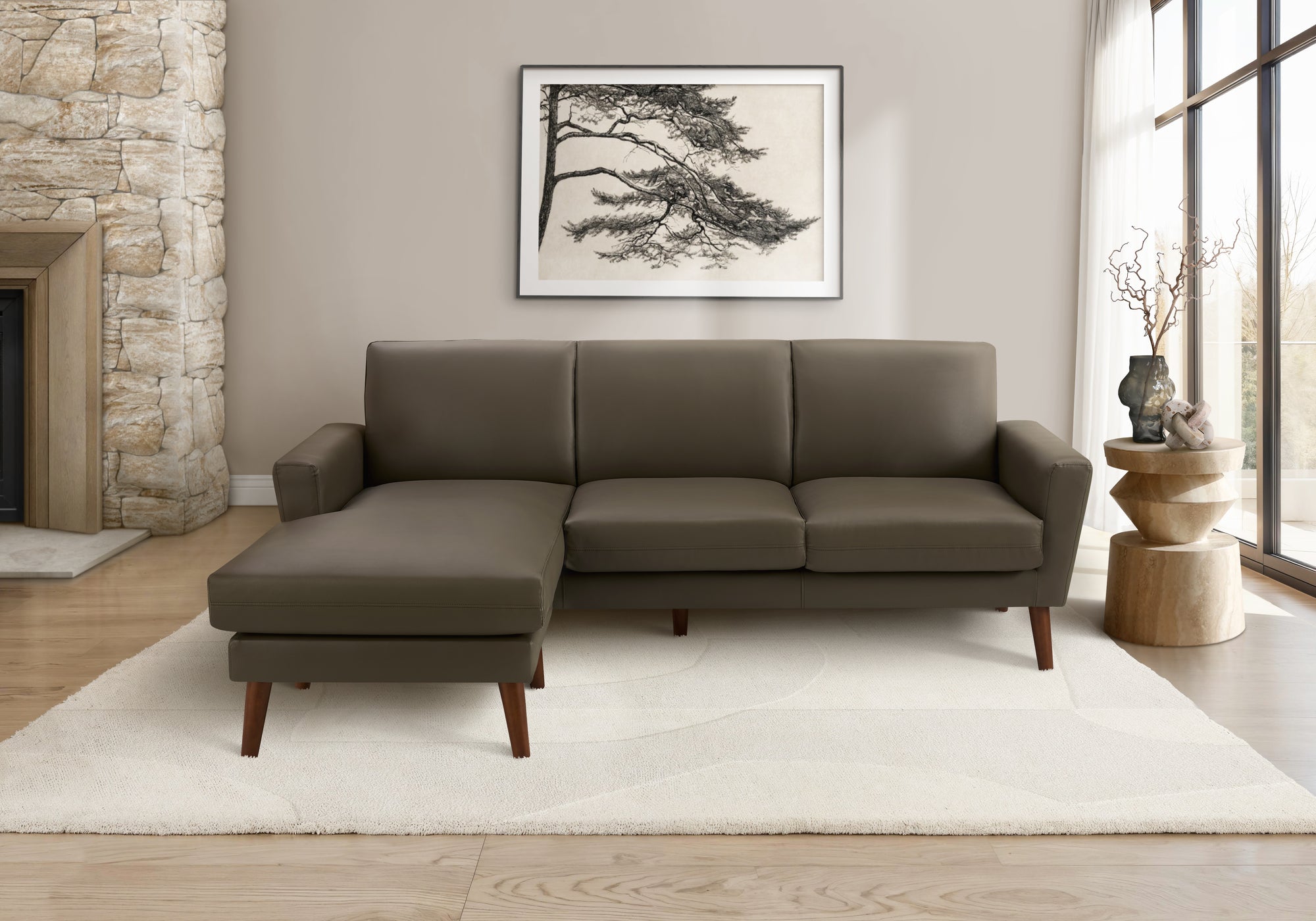 MN-508J24A08    Sofa Lounger, 86" Wide, Upholstered, Chaise Lounge, Dark Brown Leather Look, Walnut Solid Wood Legs, Mid Century, Modern