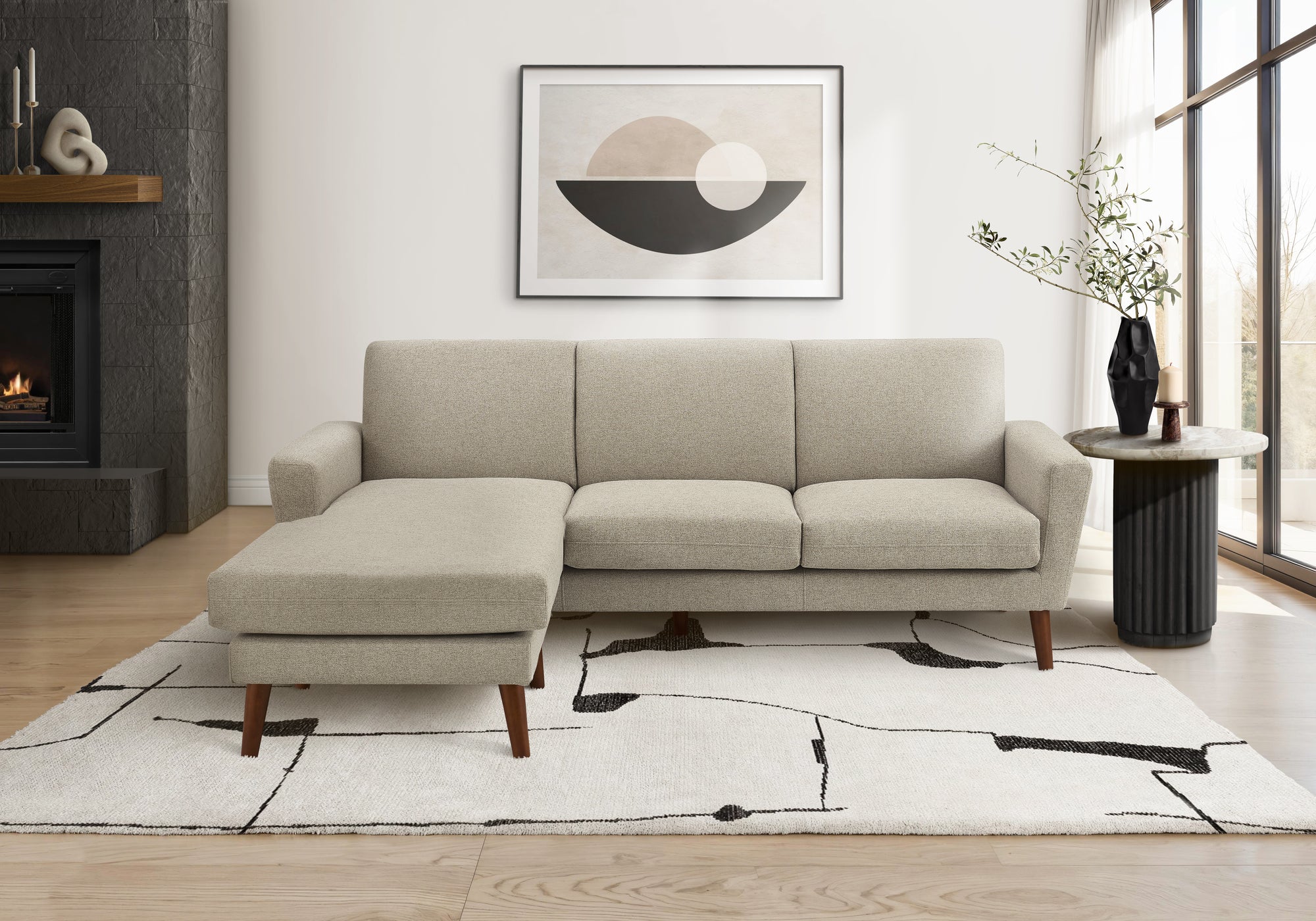 MN-518J24L31    Sofa Lounger, 86" Wide, Upholstered, Chaise Lounge, Light Brown Fabric, Walnut Solid Wood Legs, Mid Century, Modern