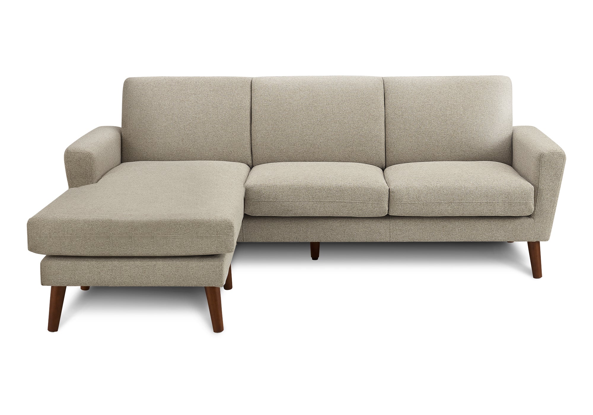 MN-518J24L31    Sofa Lounger, 86" Wide, Upholstered, Chaise Lounge, Light Brown Fabric, Walnut Solid Wood Legs, Mid Century, Modern