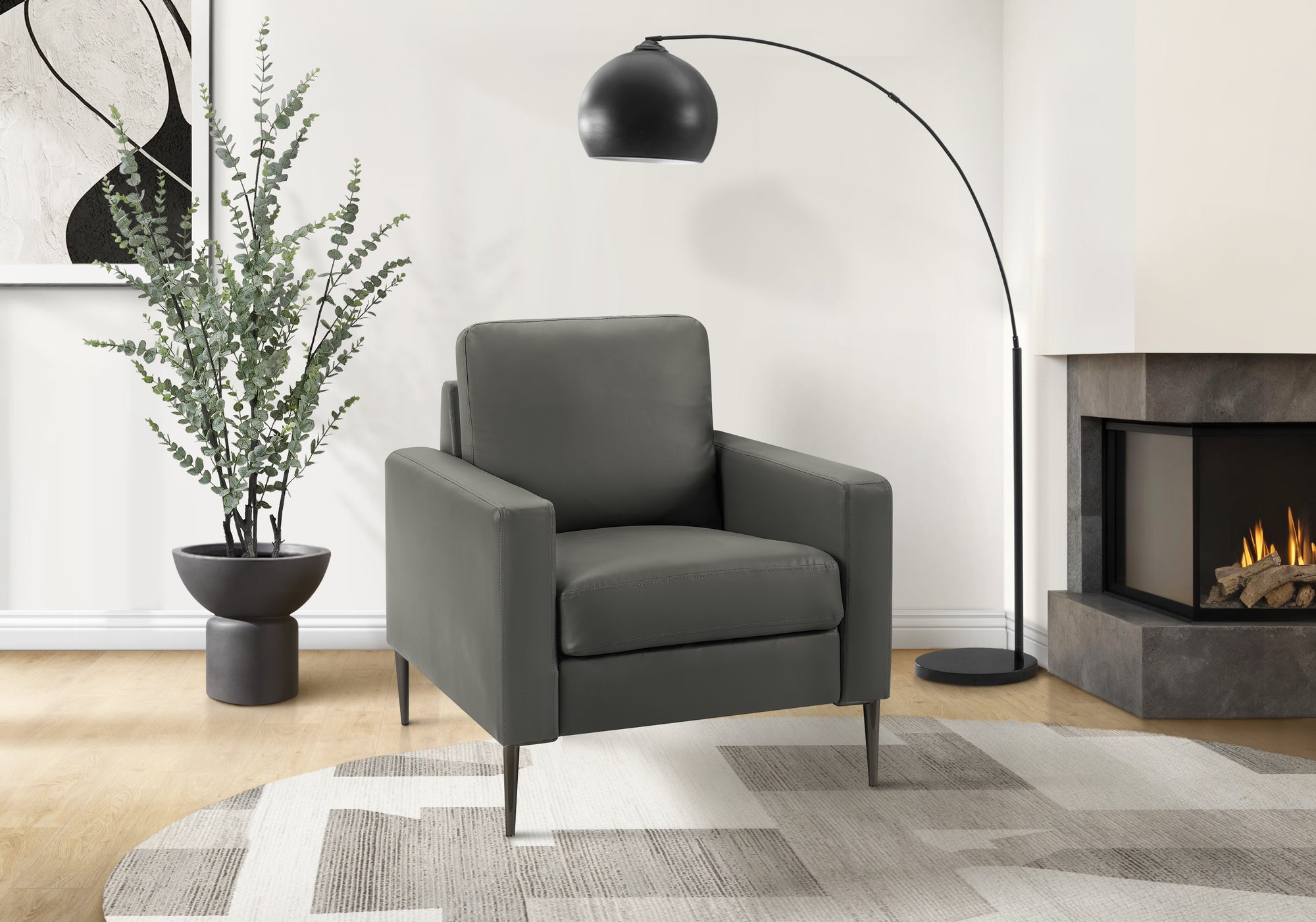 MN-W528J31A02    Chair, 32" Wide, Upholstered, Accent Chair, Dark Grey Leather Look, Black Metal Legs, Contemporary, Modern