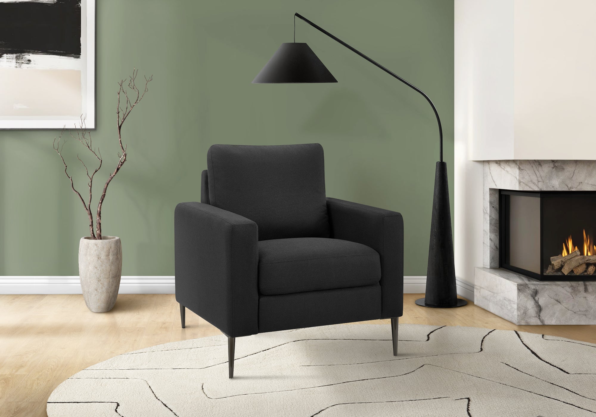 MN-538J31L19    Chair, 32" Wide, Upholstered, Accent Chair, Black Fabric, Black Metal Legs, Contemporary, Modern