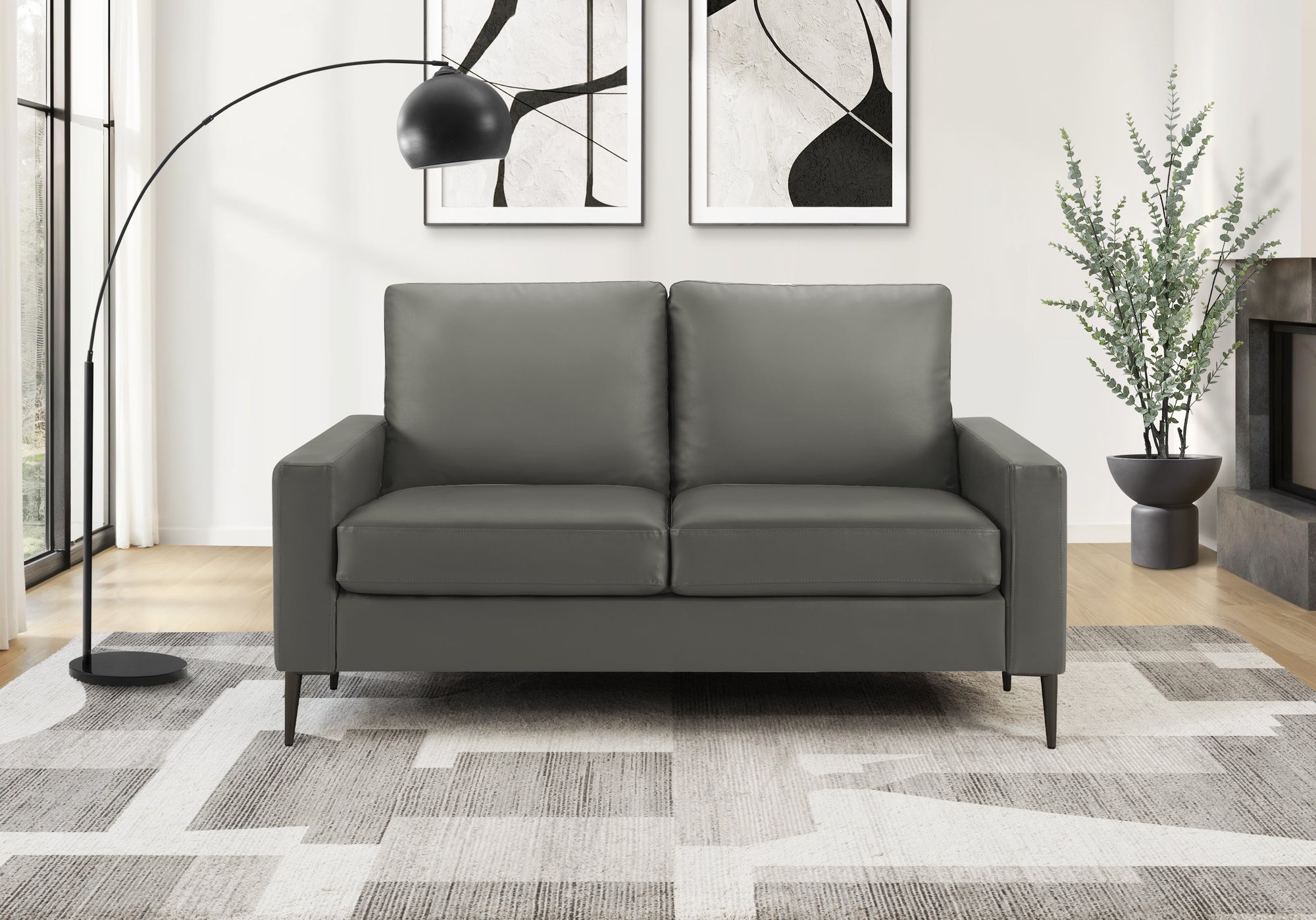 MN-548J32A02    Love Seat, 58" L, Upholstered, Living Room, Dark Grey Leather Look, Black Metal Legs, Contemporary, Modern