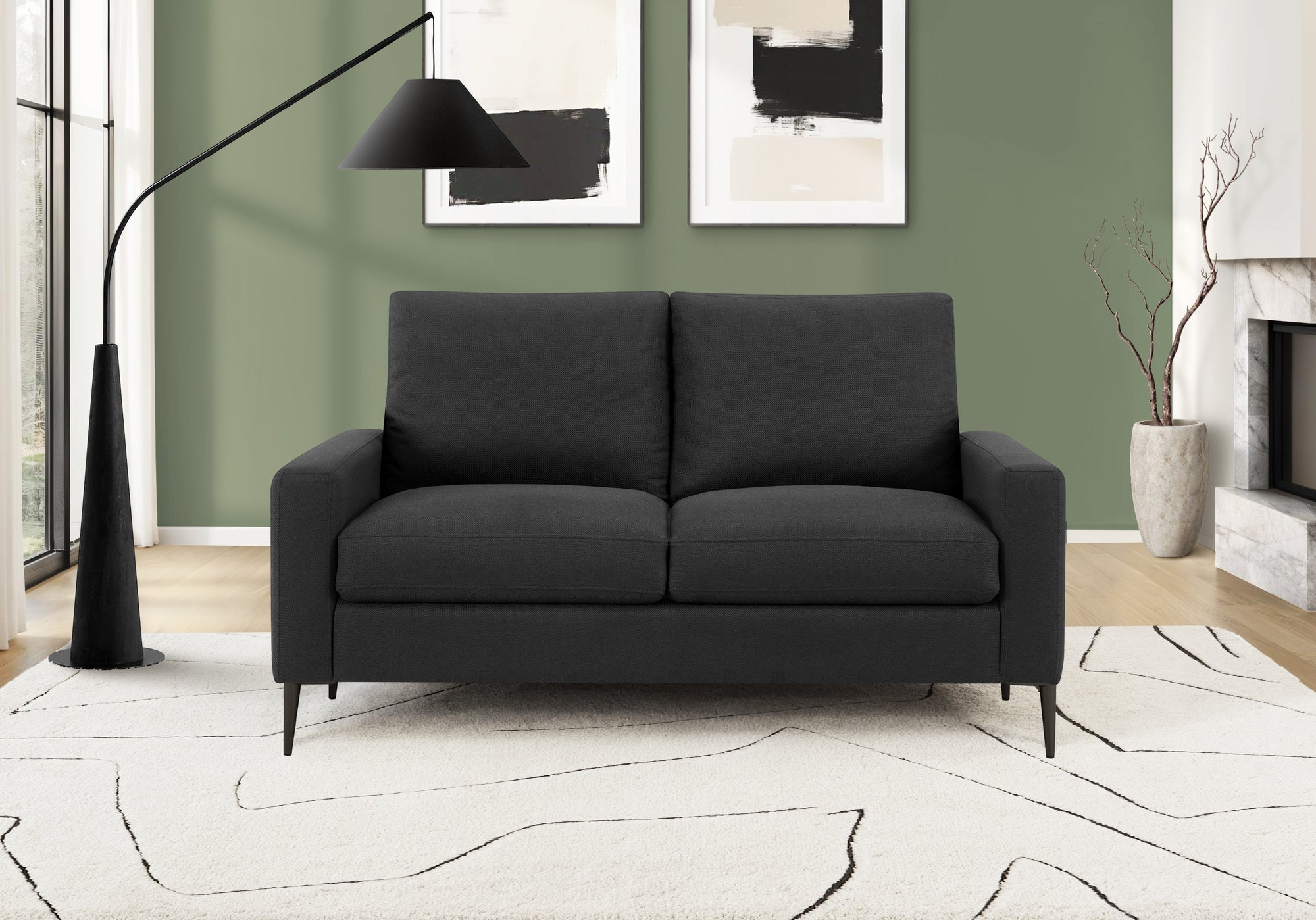 MN-558J32L19    Love Seat, 58" L, Upholstered, Living Room, Black Fabric, Black Metal Legs, Contemporary, Modern