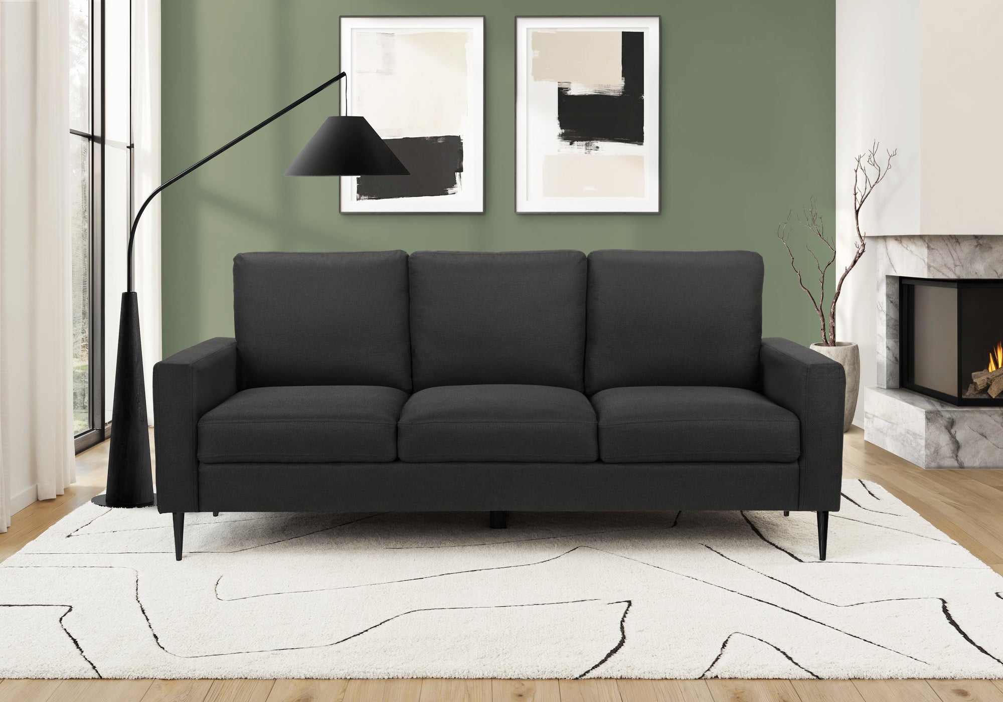 MN-578J33L19    Sofa, 75"l, Upholstered, Metal Legs, Black Fabric, Contemporary, Modern