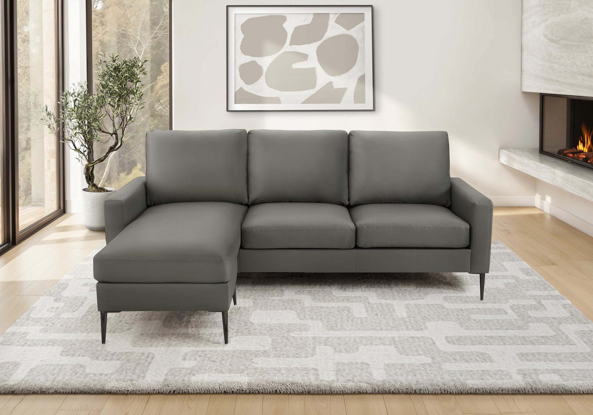 MN-S598J34A02    Sofa Lounger, 85" Wide, Upholstered, Chaise Lounge, Dark Grey Leather Look, Black Metal Legs, Modern, Contemporary