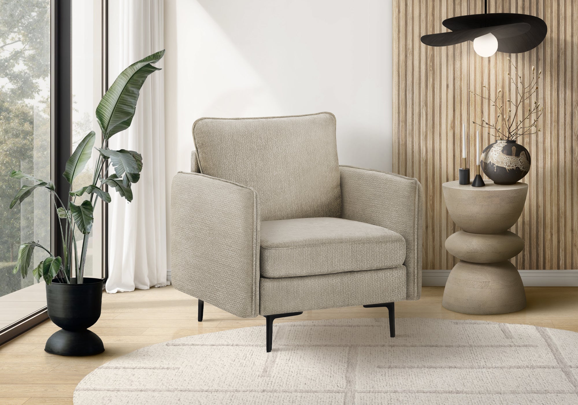 MN-K618K11C04    Chair, 32" Wide, Upholstered, Accent Chair, Beige Fabric, Black Metal Legs