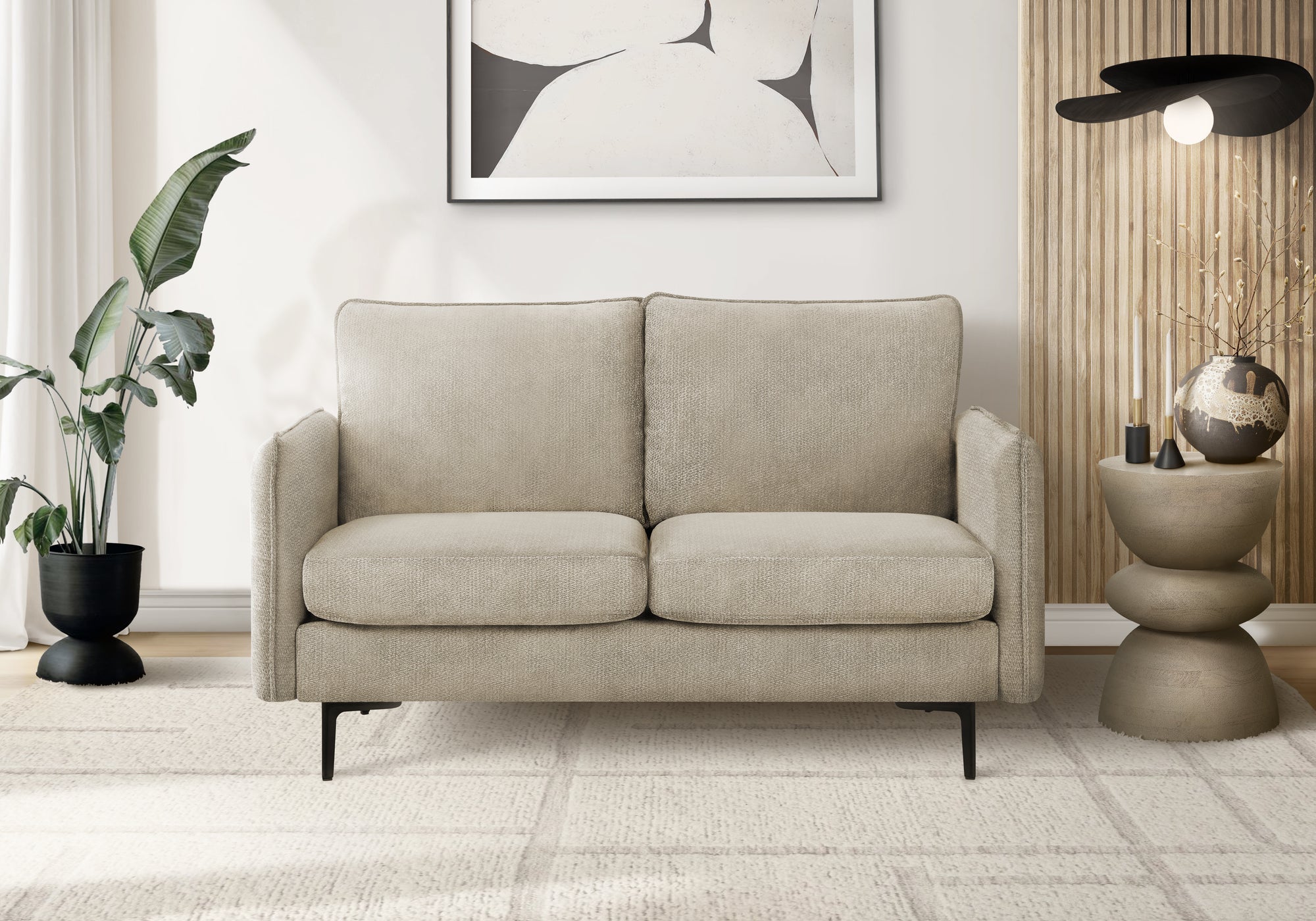MN-E638K12C04    Love Seat, 58" L, Upholstered, Living Room, Beige Fabric, Black Metal Legs