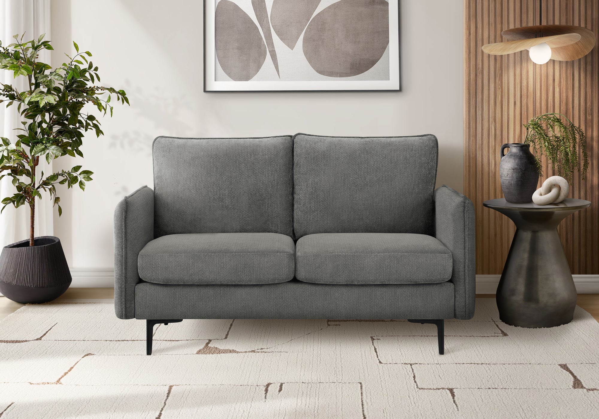 MN-E638K12C18    Love Seat, 58" L, Upholstered, Living Room, Dark Grey Fabric, Black Metal Legs