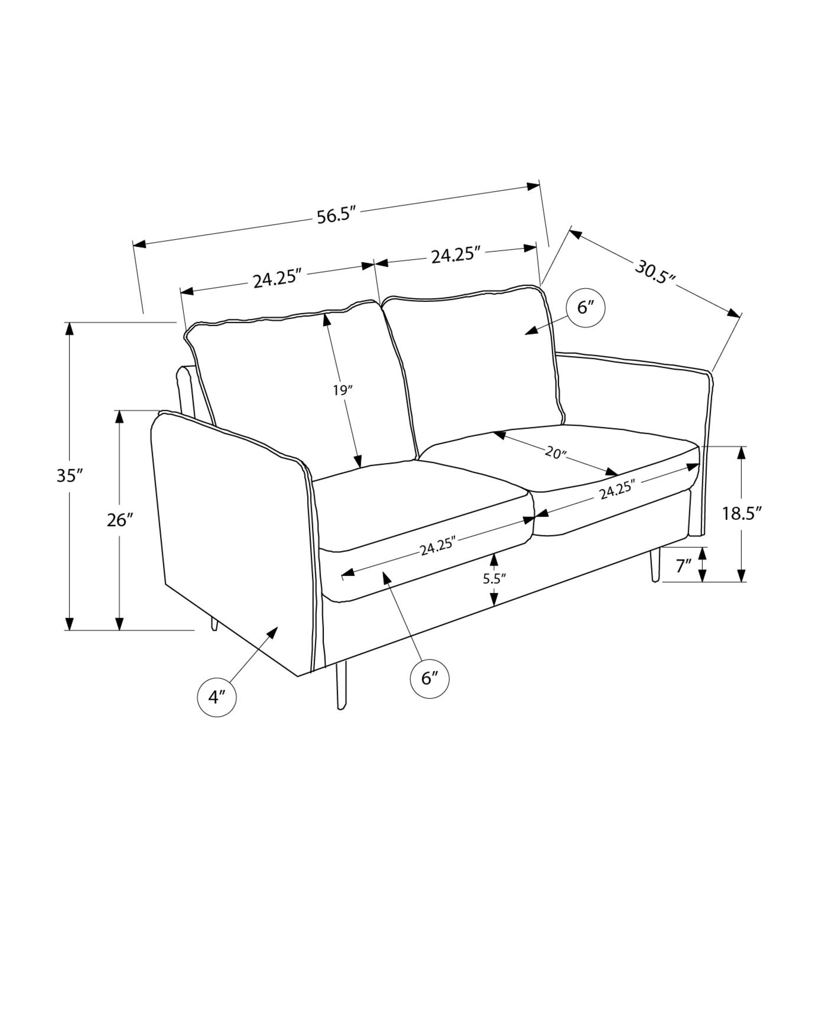MN-E638K12C18    Love Seat, 58" L, Upholstered, Living Room, Dark Grey Fabric, Black Metal Legs