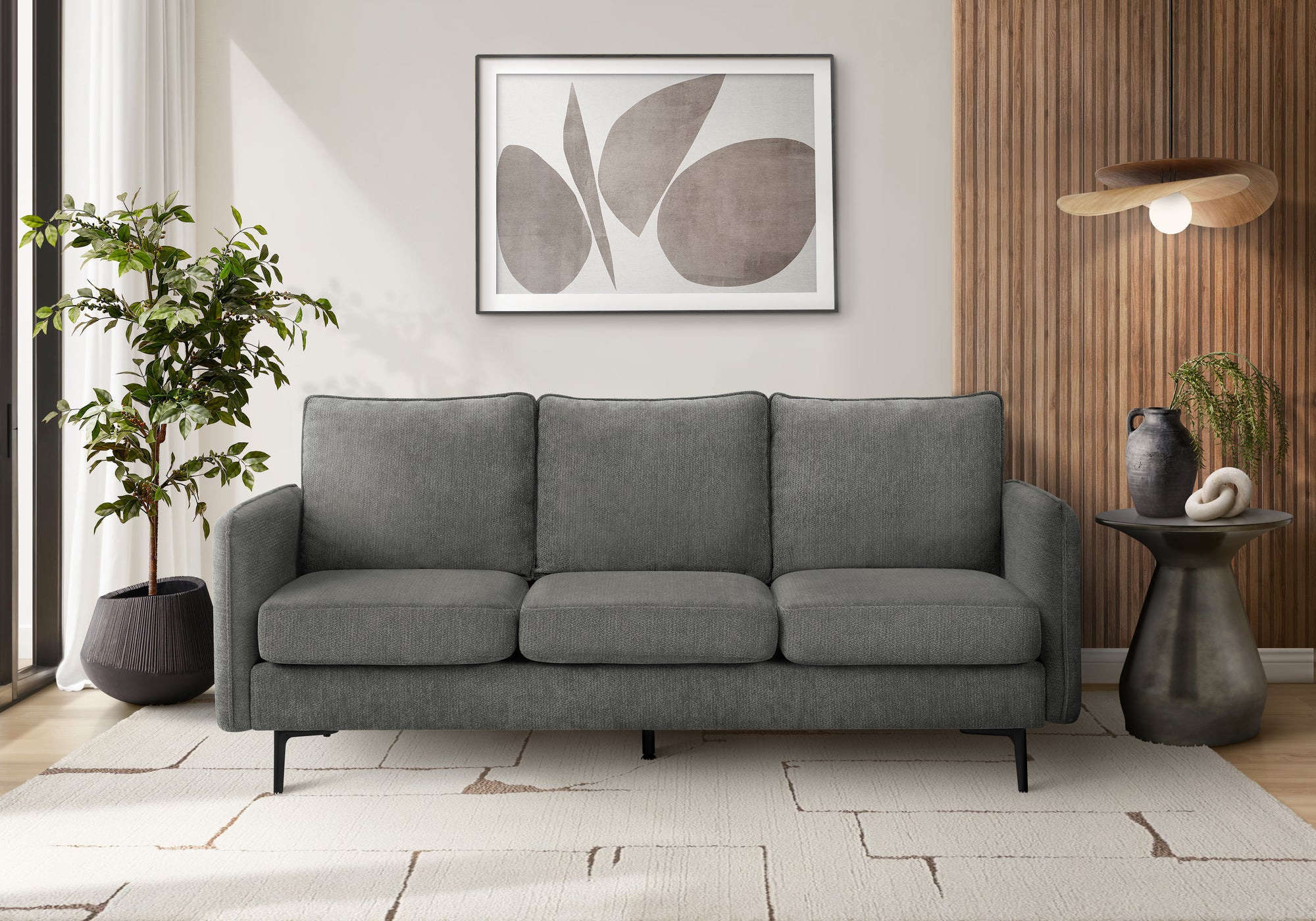MN-T658K13C18    Sofa, 77"l, Upholstered, Metal Legs, Dark Grey Fabric, Black Metal Legs