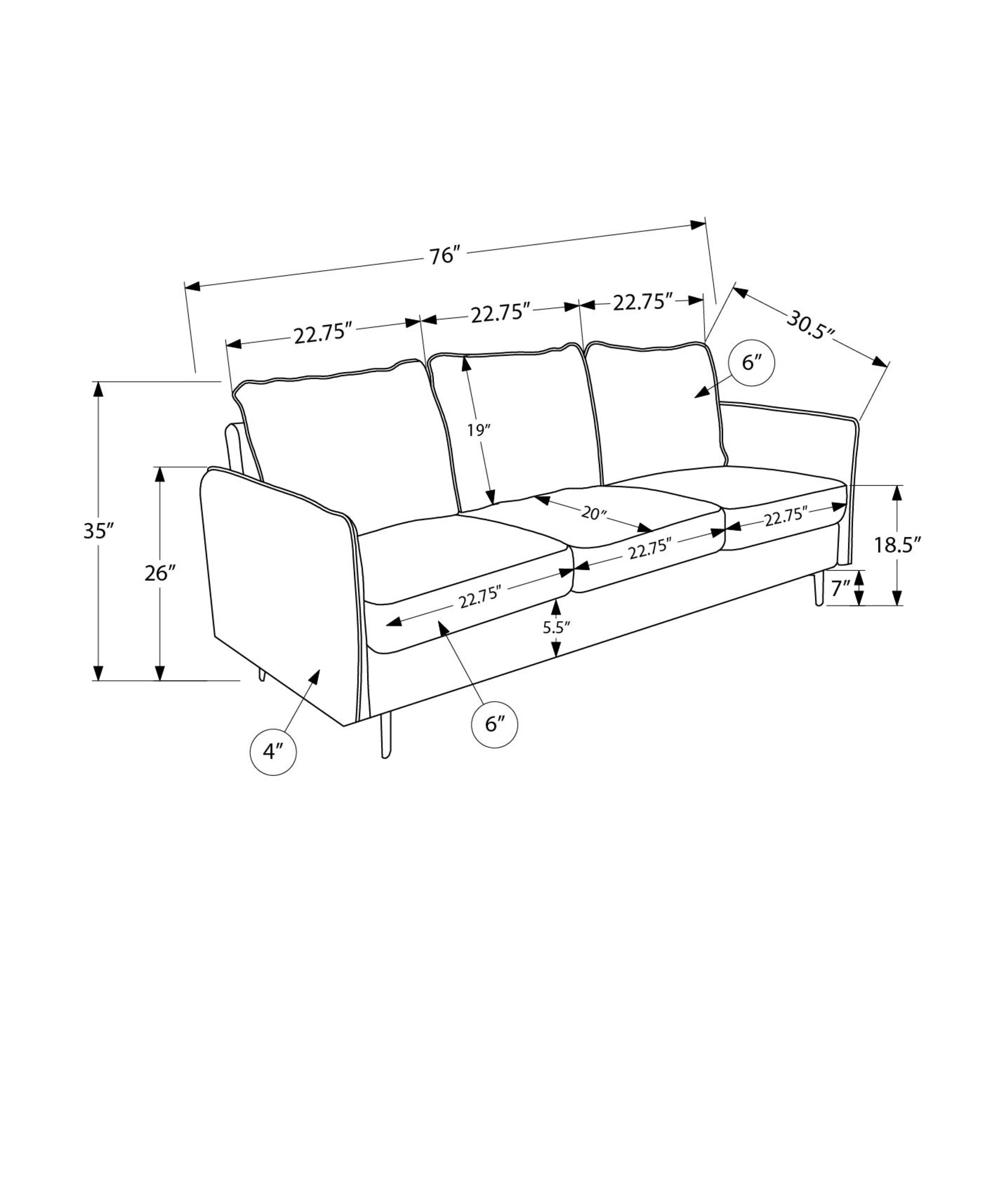 MN-T658K13C18    Sofa, 77"l, Upholstered, Metal Legs, Dark Grey Fabric, Black Metal Legs