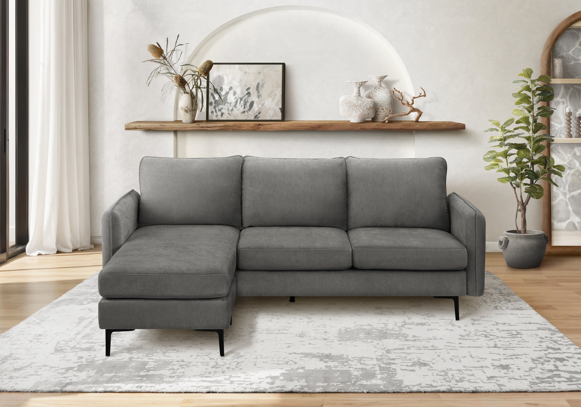 MN-678K14C18    Sofa Lounger, 85" Wide, Upholstered, Chaise Lounge, Grey Fabric, Black Metal Legs