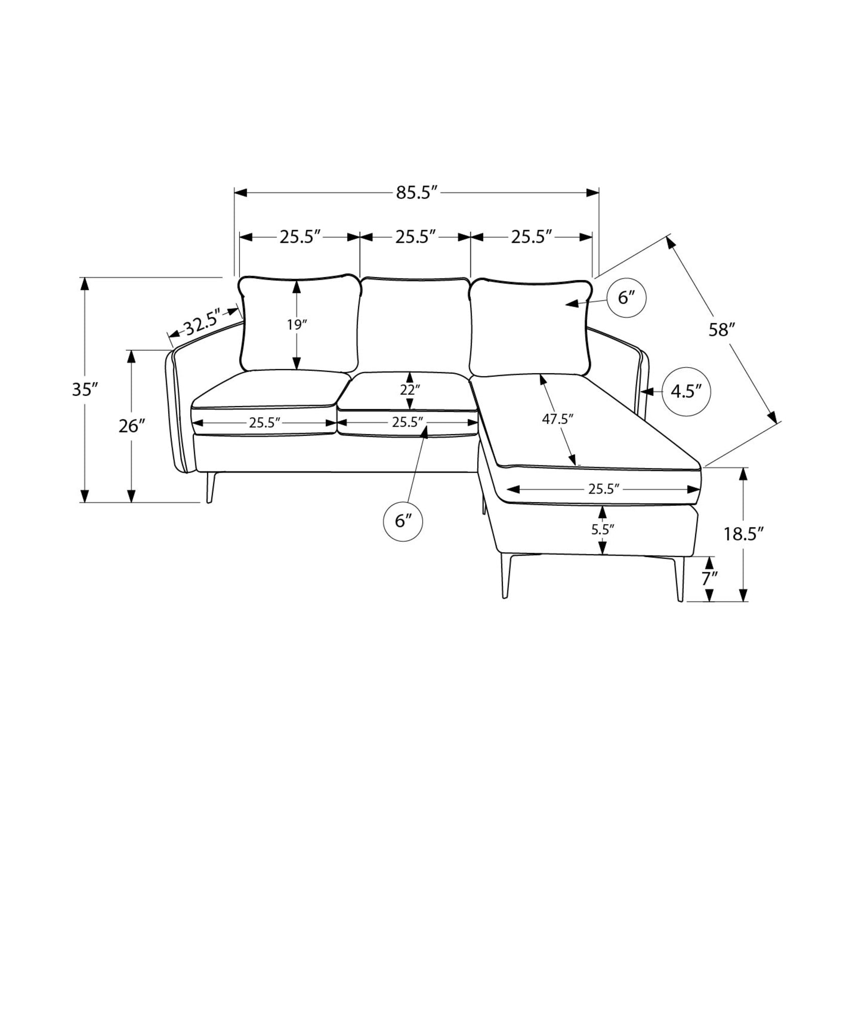 MN-678K14C18    Sofa Lounger, 85" Wide, Upholstered, Chaise Lounge, Grey Fabric, Black Metal Legs