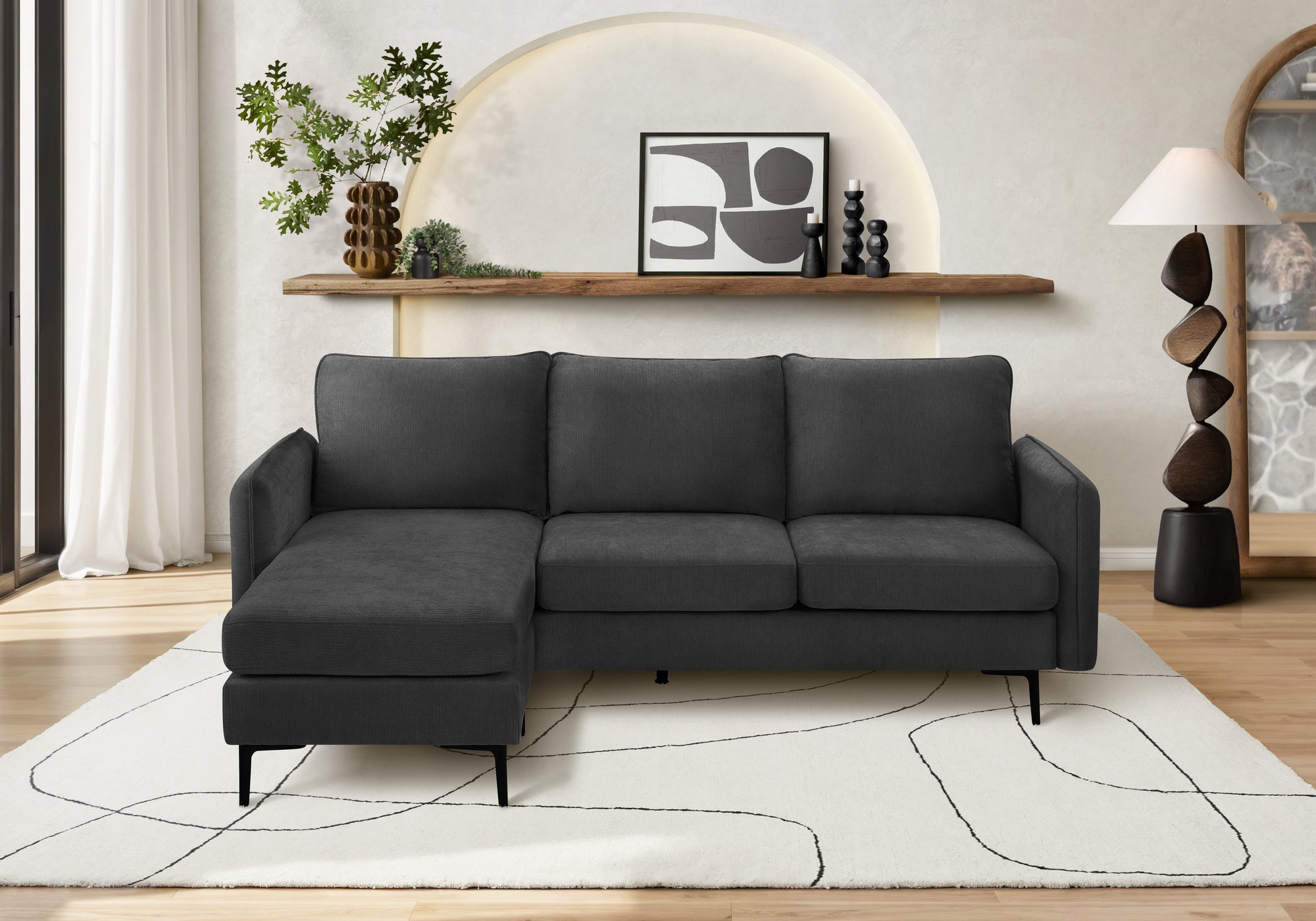 MN-688K14C20    Sofa Lounger, 85" Wide, Upholstered, Chaise Lounge, Black Fabric, Black Metal Legs