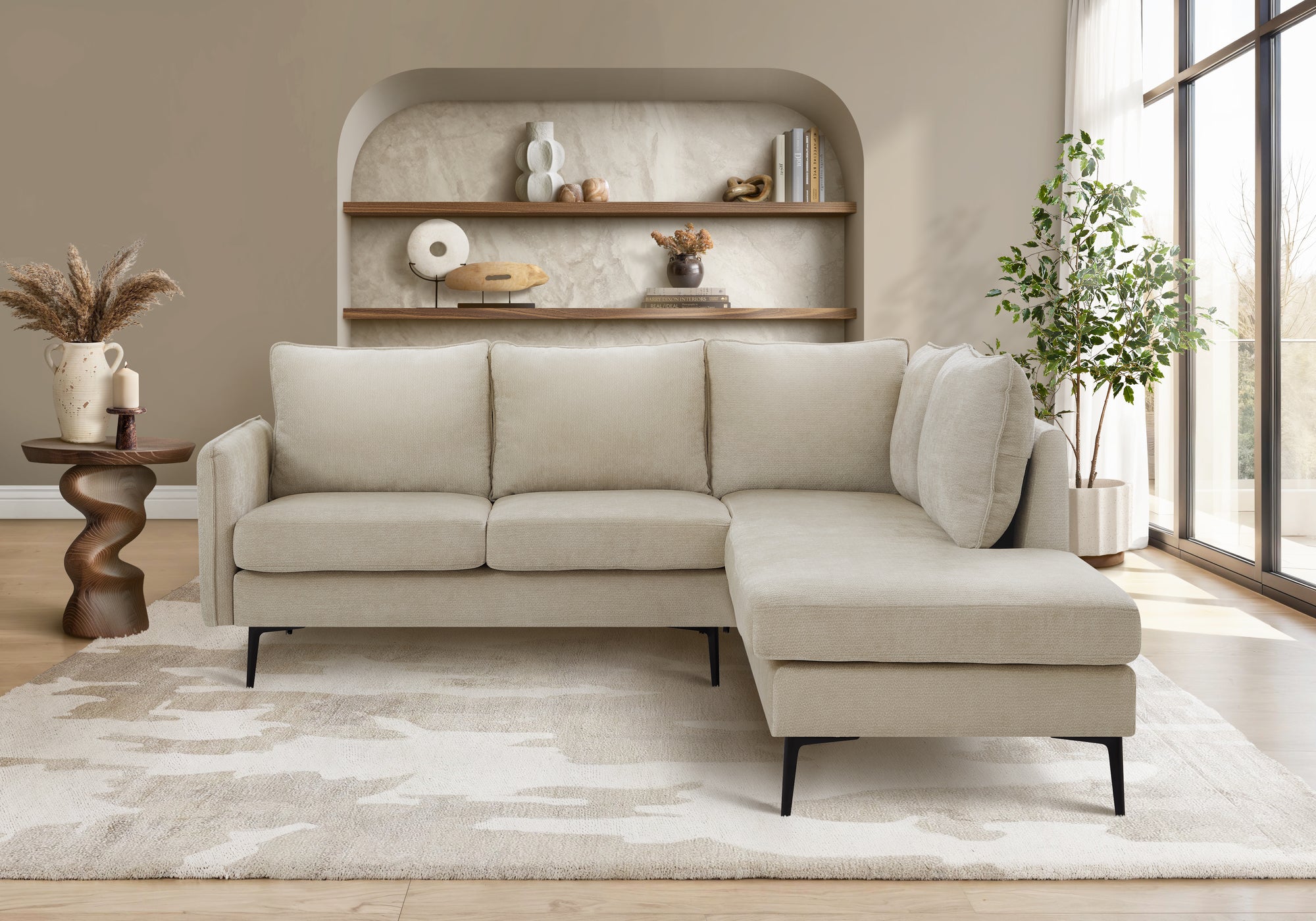 MN-698K15C04    Sofa Sectional, 86" Wide, Upholstered, Beige Fabric, Black Metal Legs