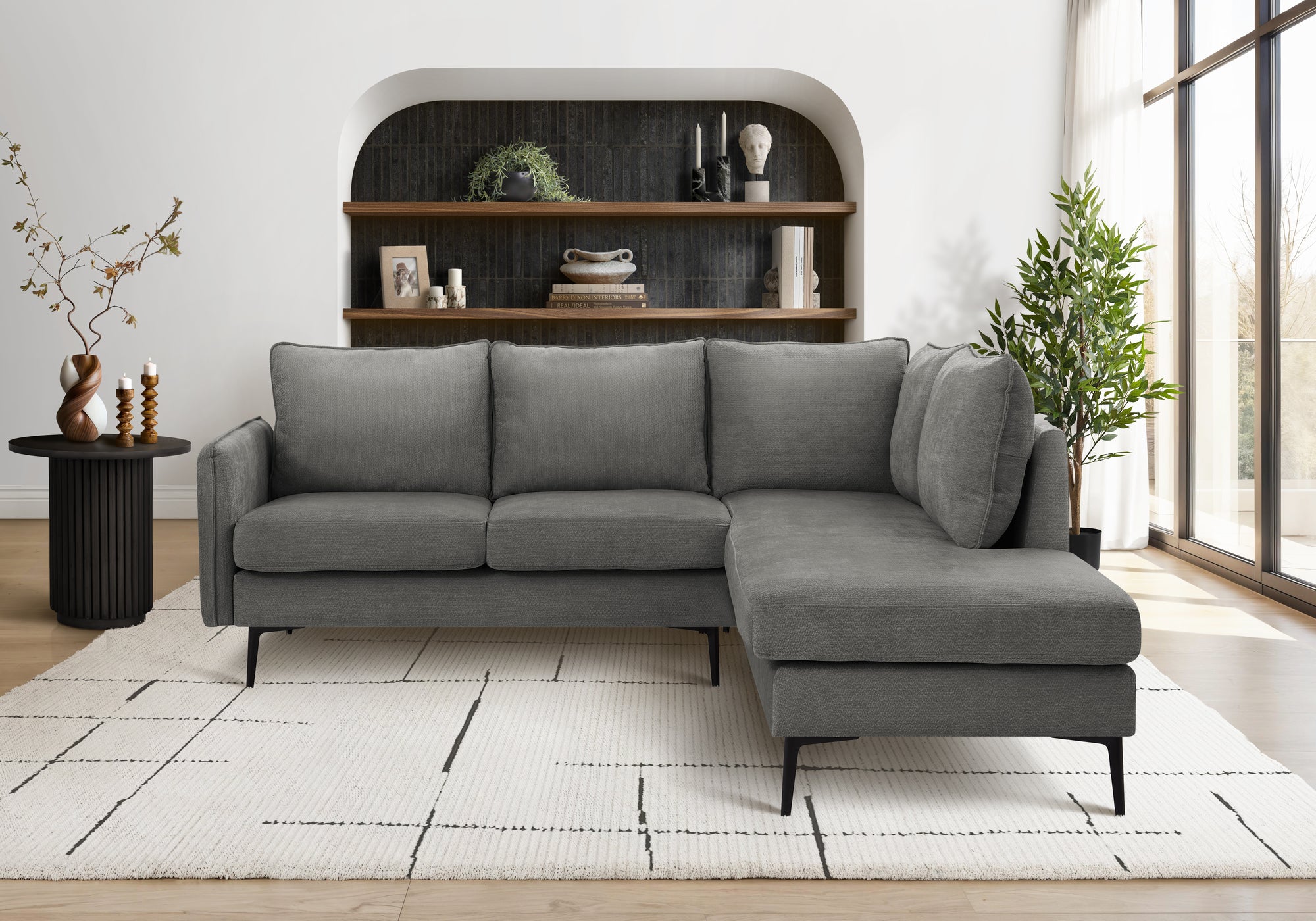MN-V698K15C18    Sofa Sectional, 86" Wide, Upholstered, Grey Fabric, Black Metal Legs
