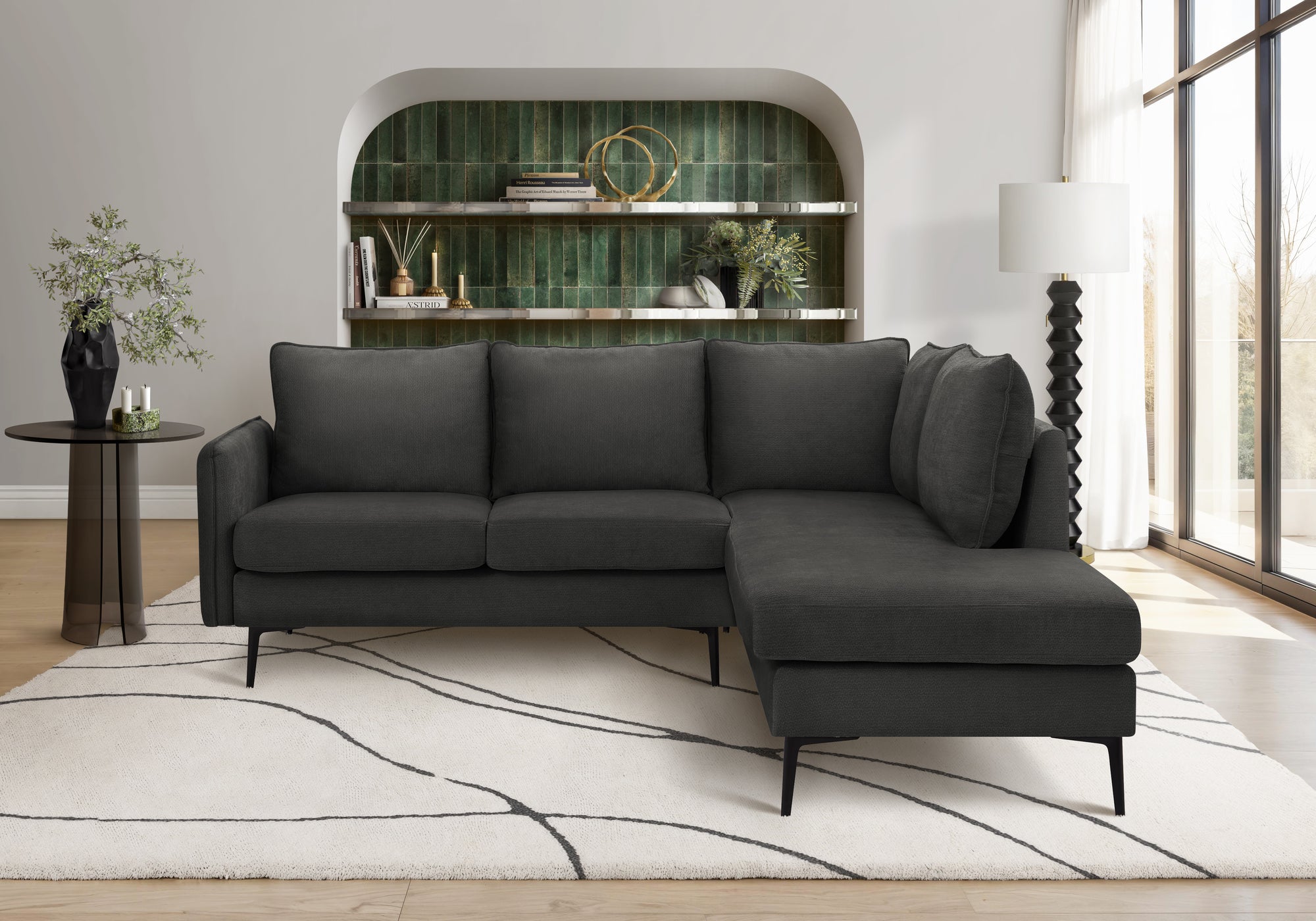 MN-718K15C20    Sofa Sectional, 86" Wide, Upholstered, Black Fabric, Black Metal Legs