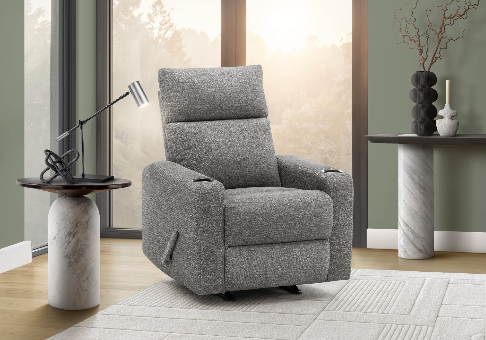 MN-728M11019    Reclining Chair, Small, Upholstered, Manual Rocker, Dark Grey Fabric, Contemporary
