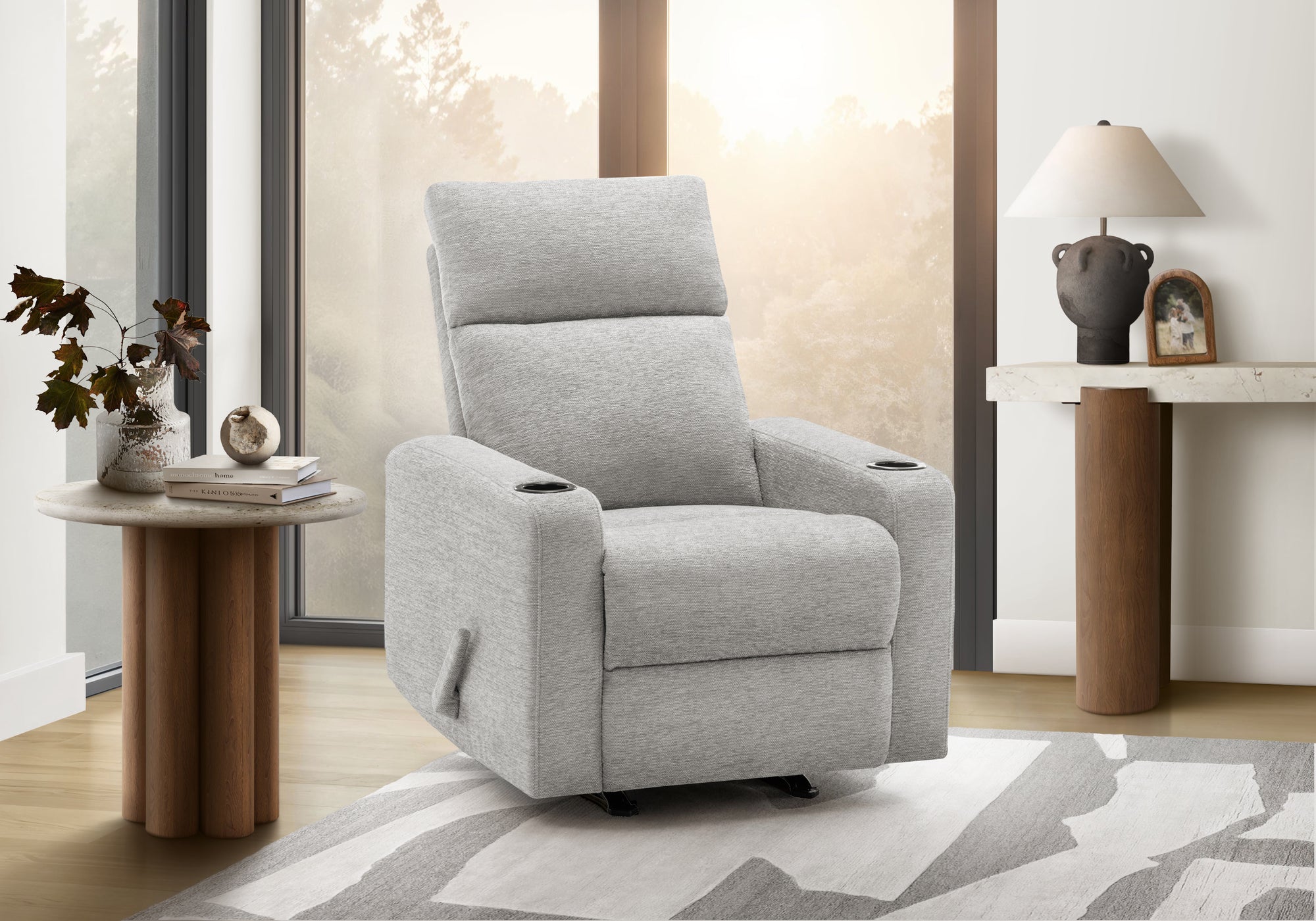 MN-738M11031    Reclining Chair, Swivel, Upholstered, Manual Rocker, Light Grey Fabric, Contemporary
