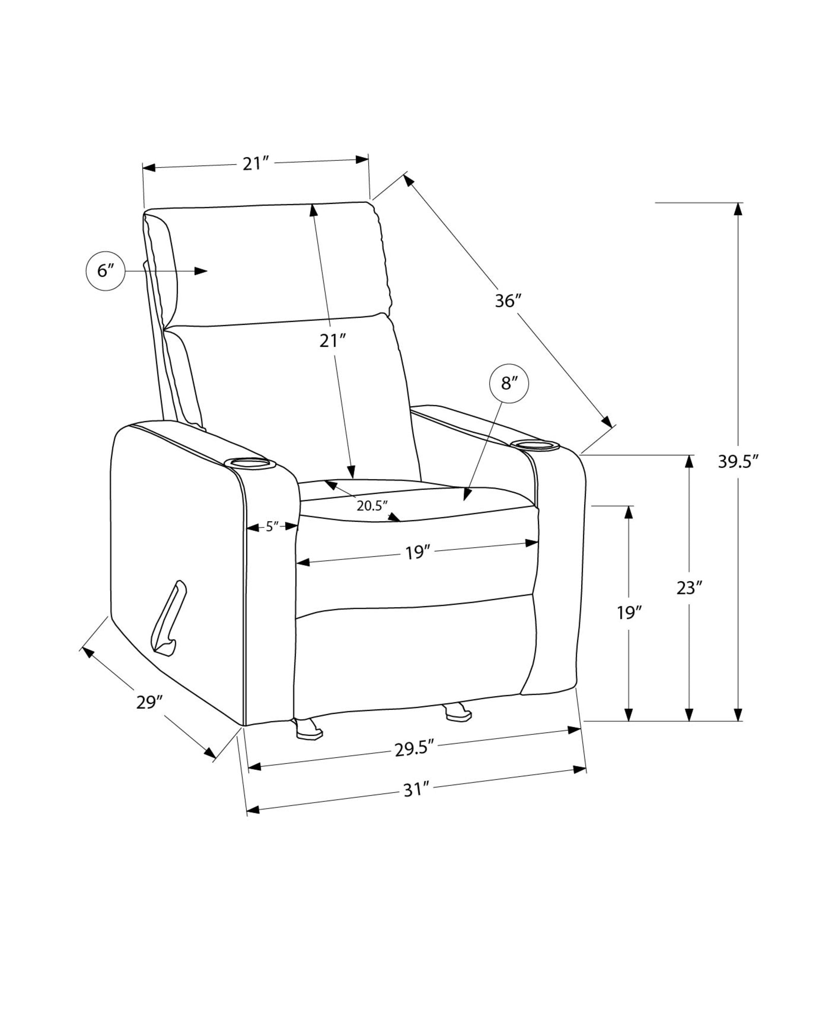 MN-748M11070    Reclining Chair, Small, Upholstered, Manual Rocker, Grey Leather-look, Contemporary, Modern