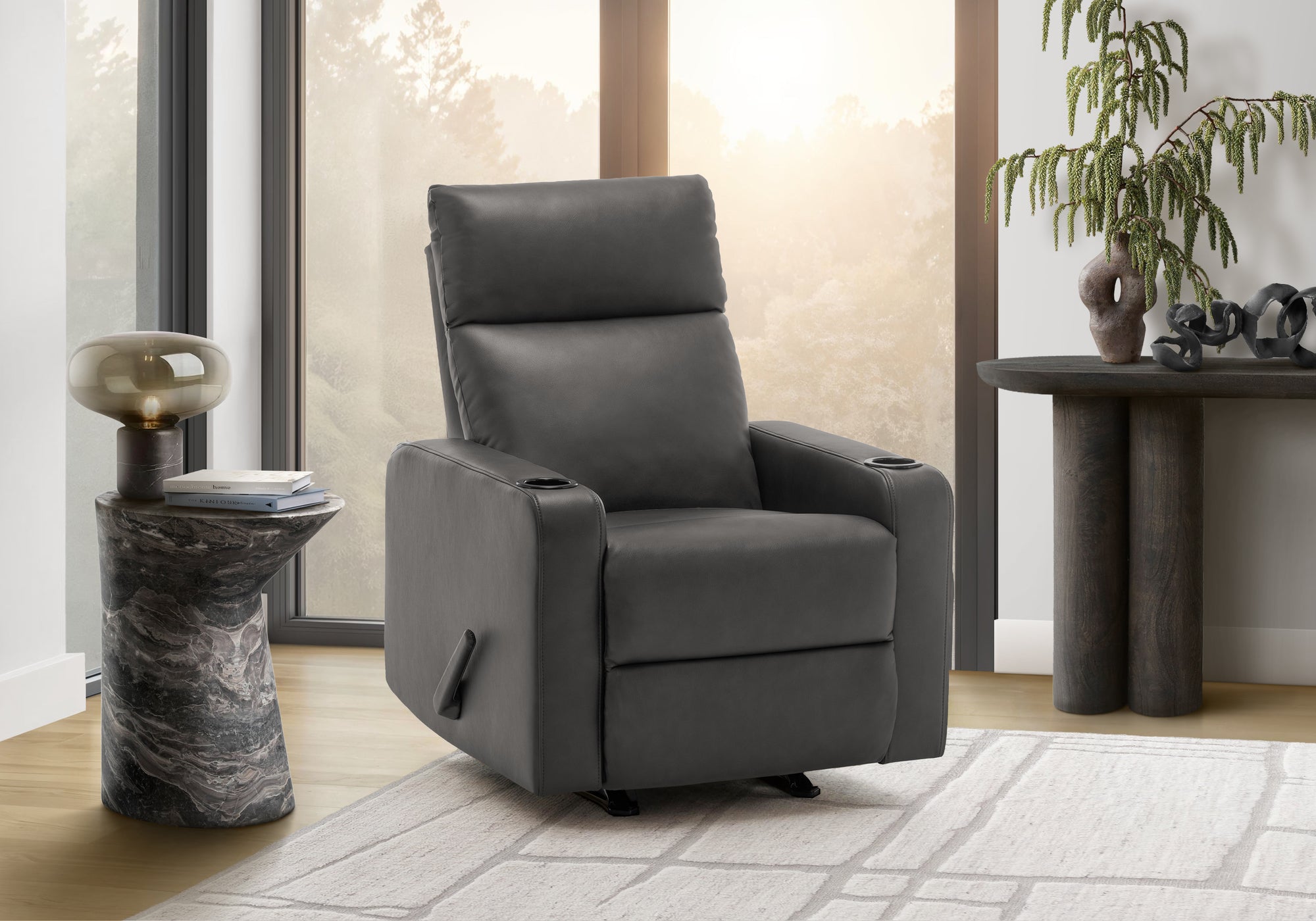 MN-748M11070    Reclining Chair, Small, Upholstered, Manual Rocker, Grey Leather-look, Contemporary, Modern