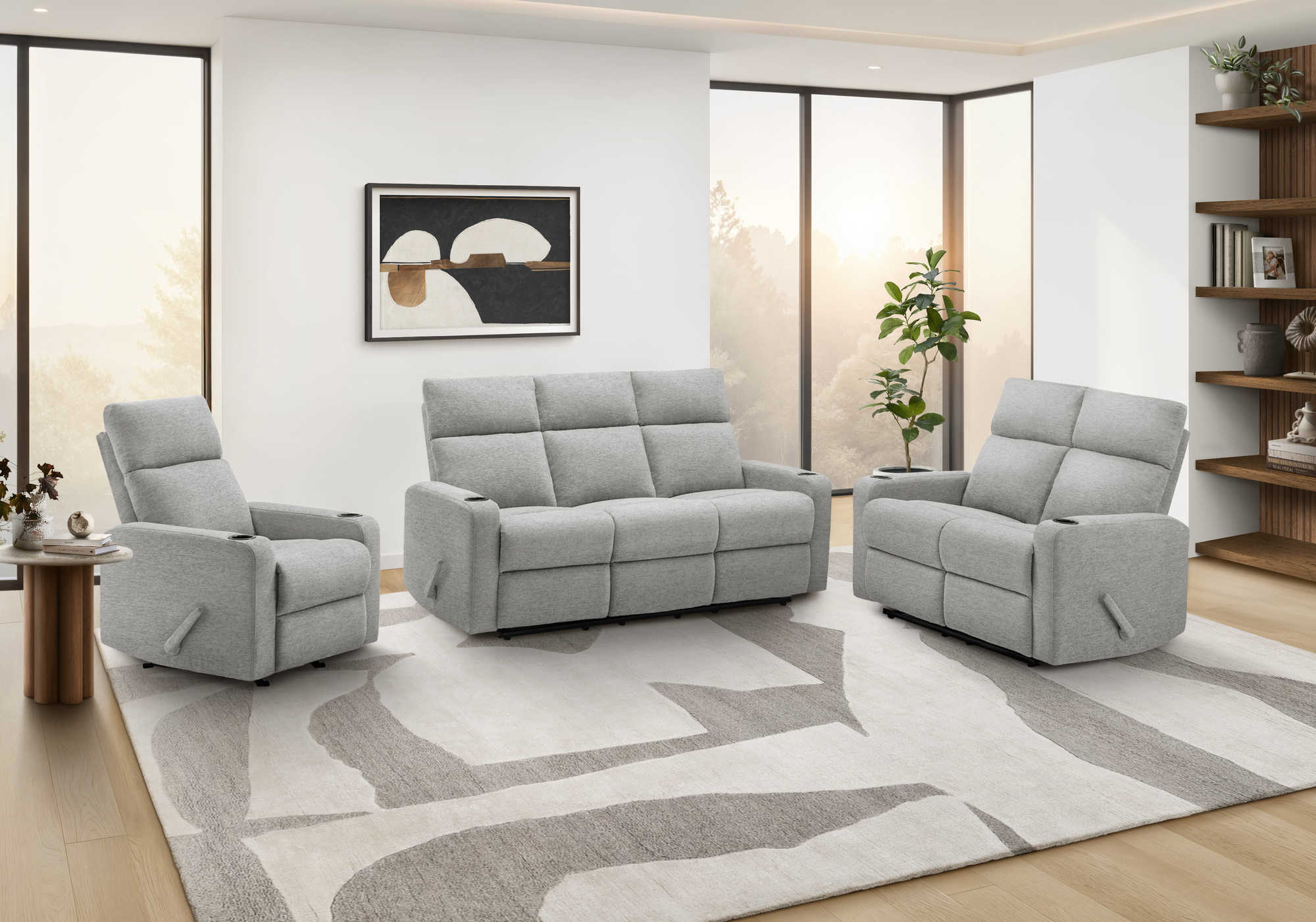 MN-768M12031    Reclining Love Seat, 50" Wide, 2 Seater, Upholstered, Small, Light Grey Fabric, Contemporary
