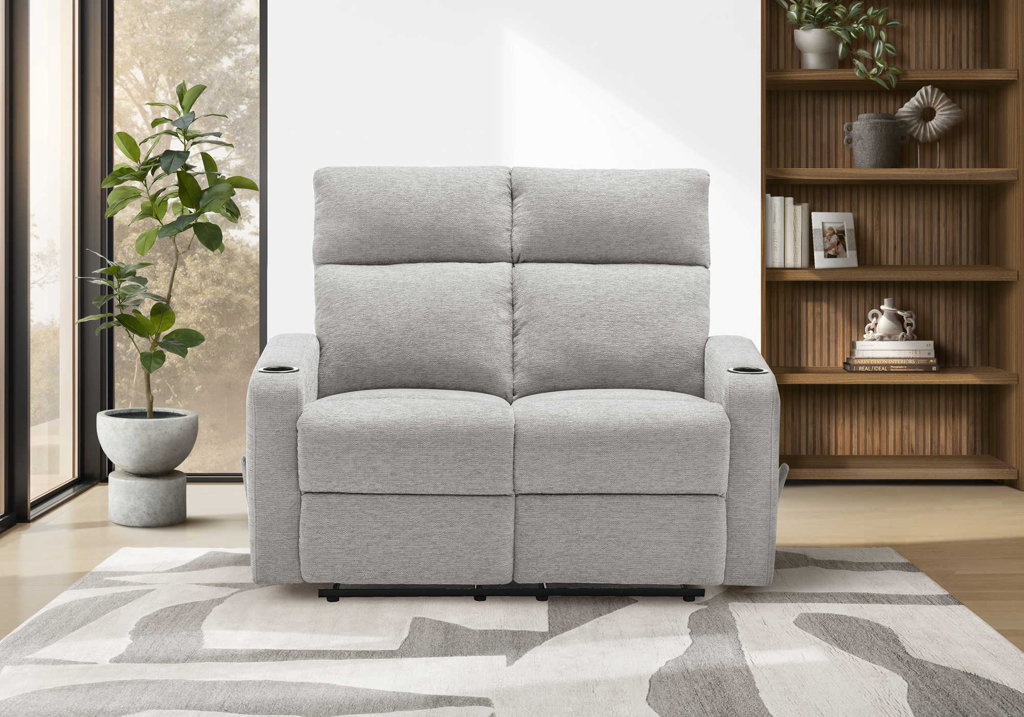 MN-768M12031    Reclining Love Seat, 50" Wide, 2 Seater, Upholstered, Small, Light Grey Fabric, Contemporary