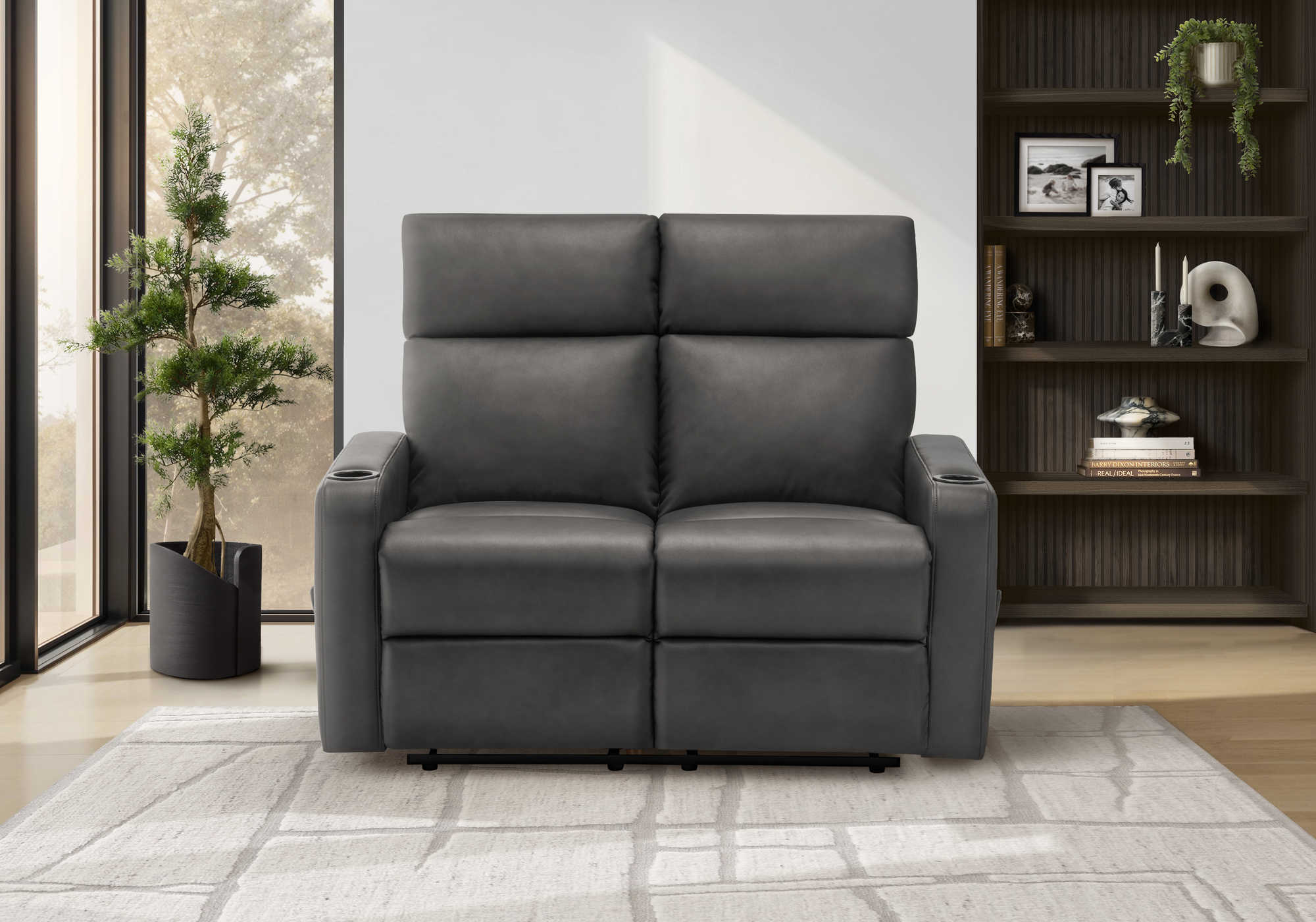 MN-778M12070    Reclining Love Seat, 50" Wide, 2 Seater, Upholstered, Small, Manual Recliner, Grey Leather-look, Contemporary, Modern