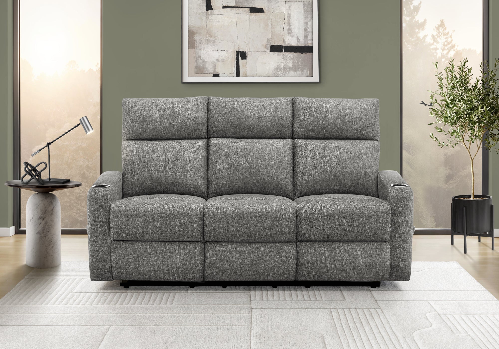 MN-788M13019    Reclining Sofa, 70" Wide, 3 Seater, Small, Manual Recliner, Dark Grey Fabric, Contemporary