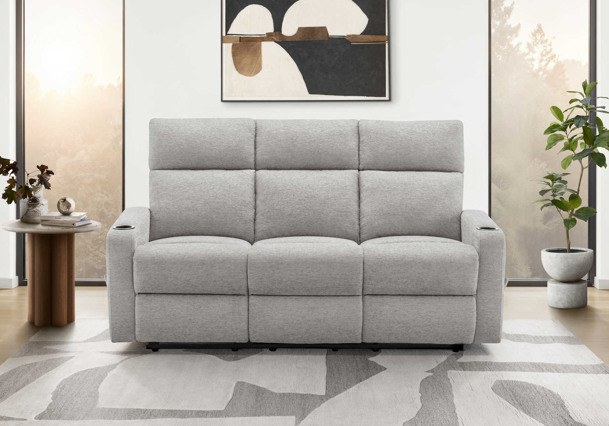 MN-798M13031    Reclining Sofa, 70" Wide, 3 Seater, Small, Manual Recliner, Light Grey Fabric, Contemporary