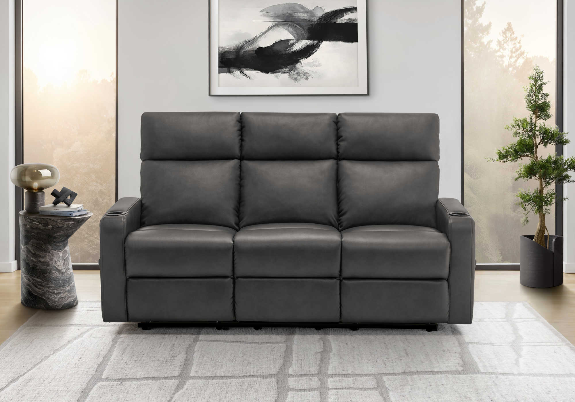 MN-808M13070    Reclining Sofa, 70" Wide, 3 Seater, Small, Manual Recliner, Grey Leather-look, Contemporary, Modern