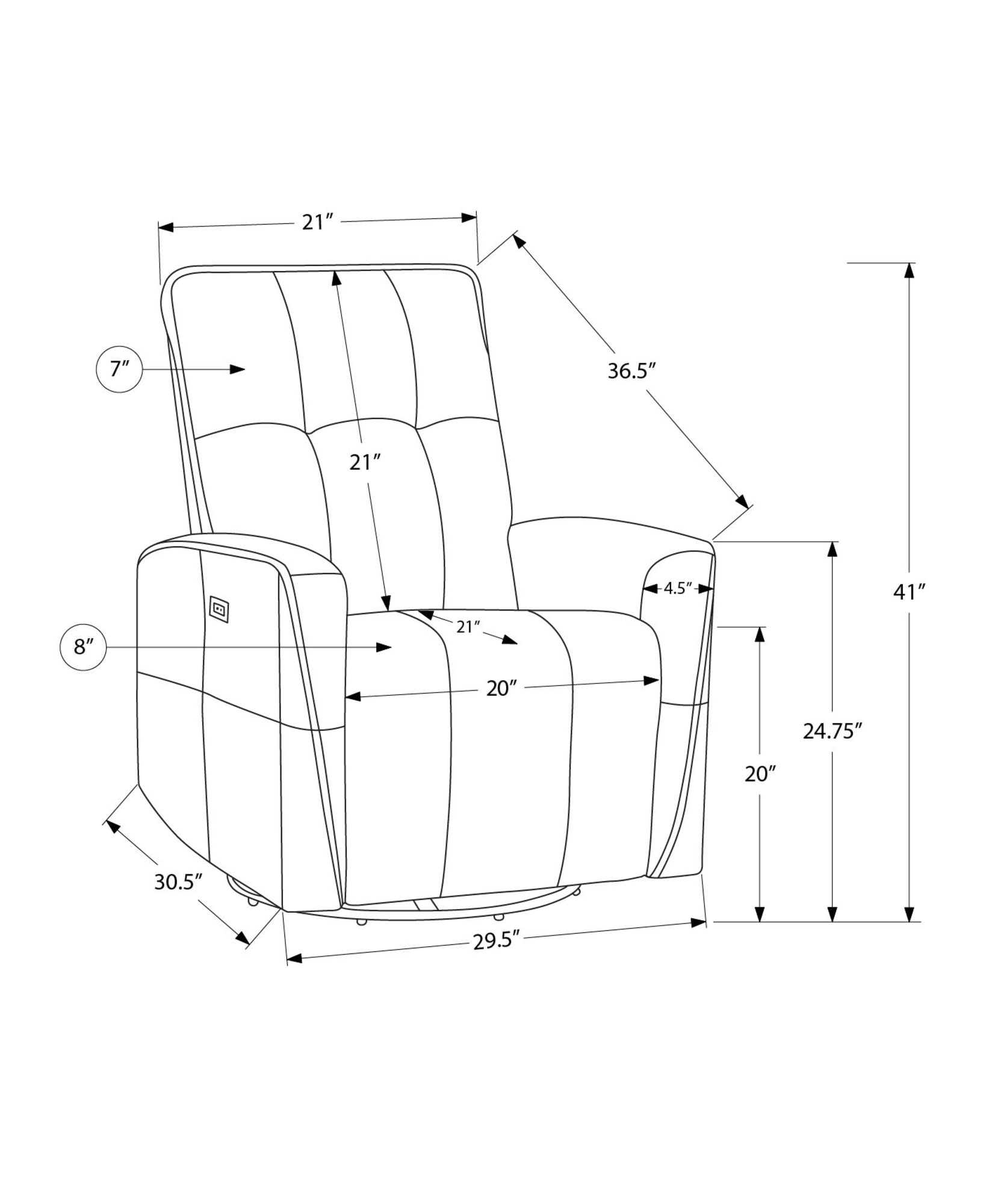MN-828P11451    Reclining Chair, Swivel, Glider, Upholstered, Usb Ports Included, Small, Light Grey Fabric, Contemporary