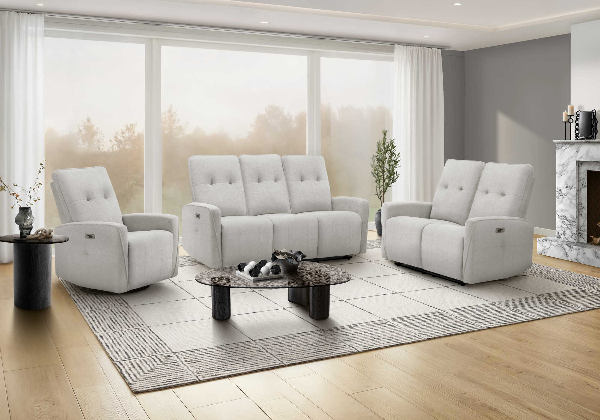 MN-868P13451    Reclining Sofa, Power Recliner, 70" Wide, 3 Seater, Usb Port Included, Small, Light Grey Fabric, Contemporary