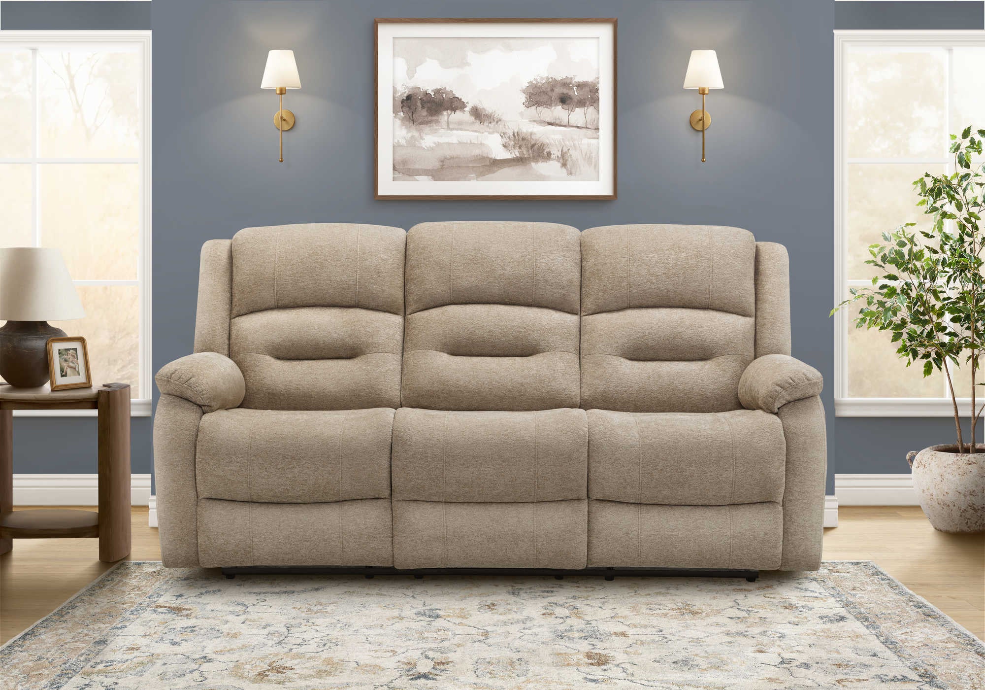 MN-938P23406    Reclining Sofa, 3 Seater, 70" Wide, Power Recliner, Small, Usb Port Included, Beige Fabric, Transitional
