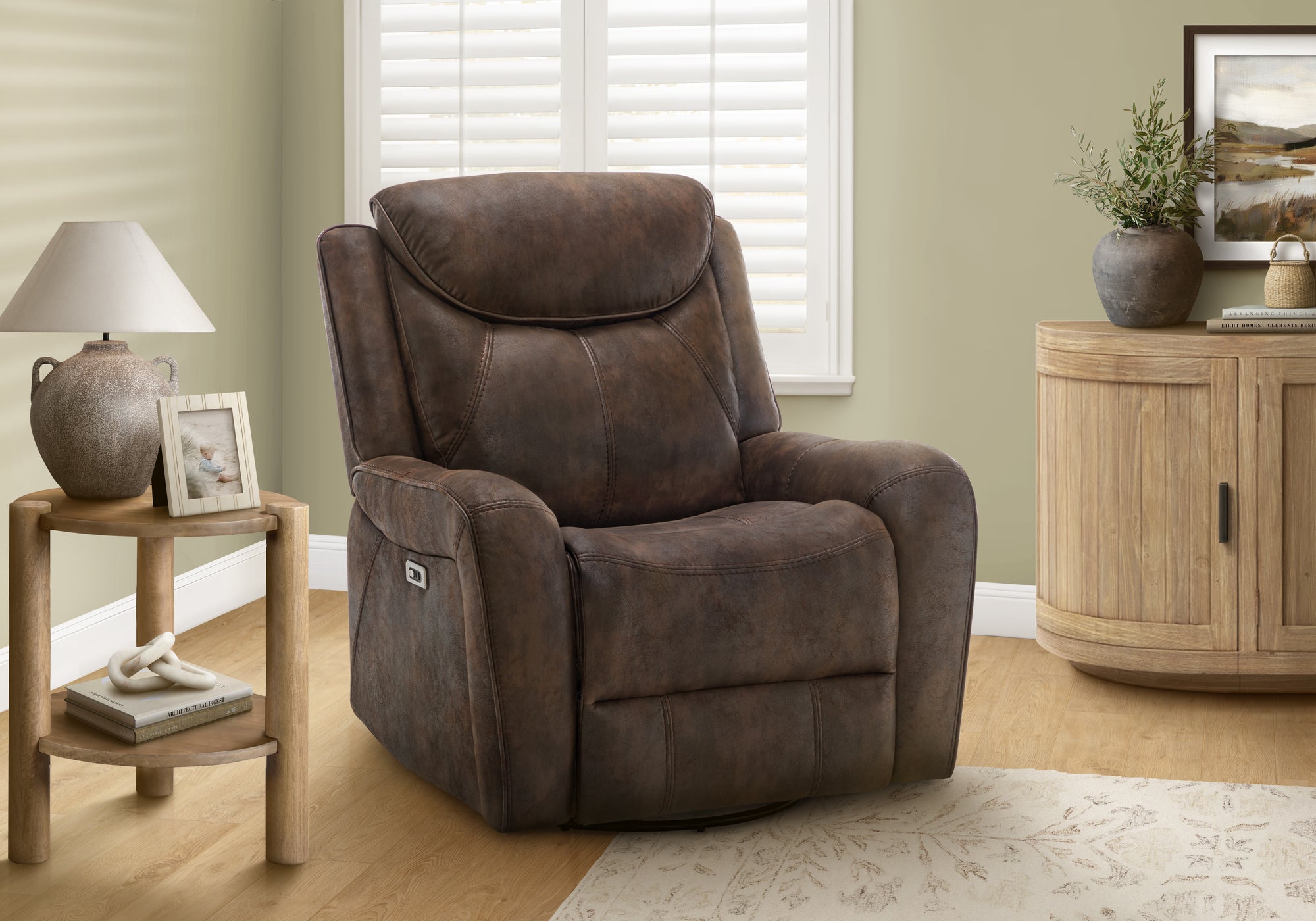 MN-C948P31061    Reclining Chair, Power Recliner, 37" Wide, Glider, Swivel, Faux Leather, Usb Ports Included, Brown Leather-look, Transitional