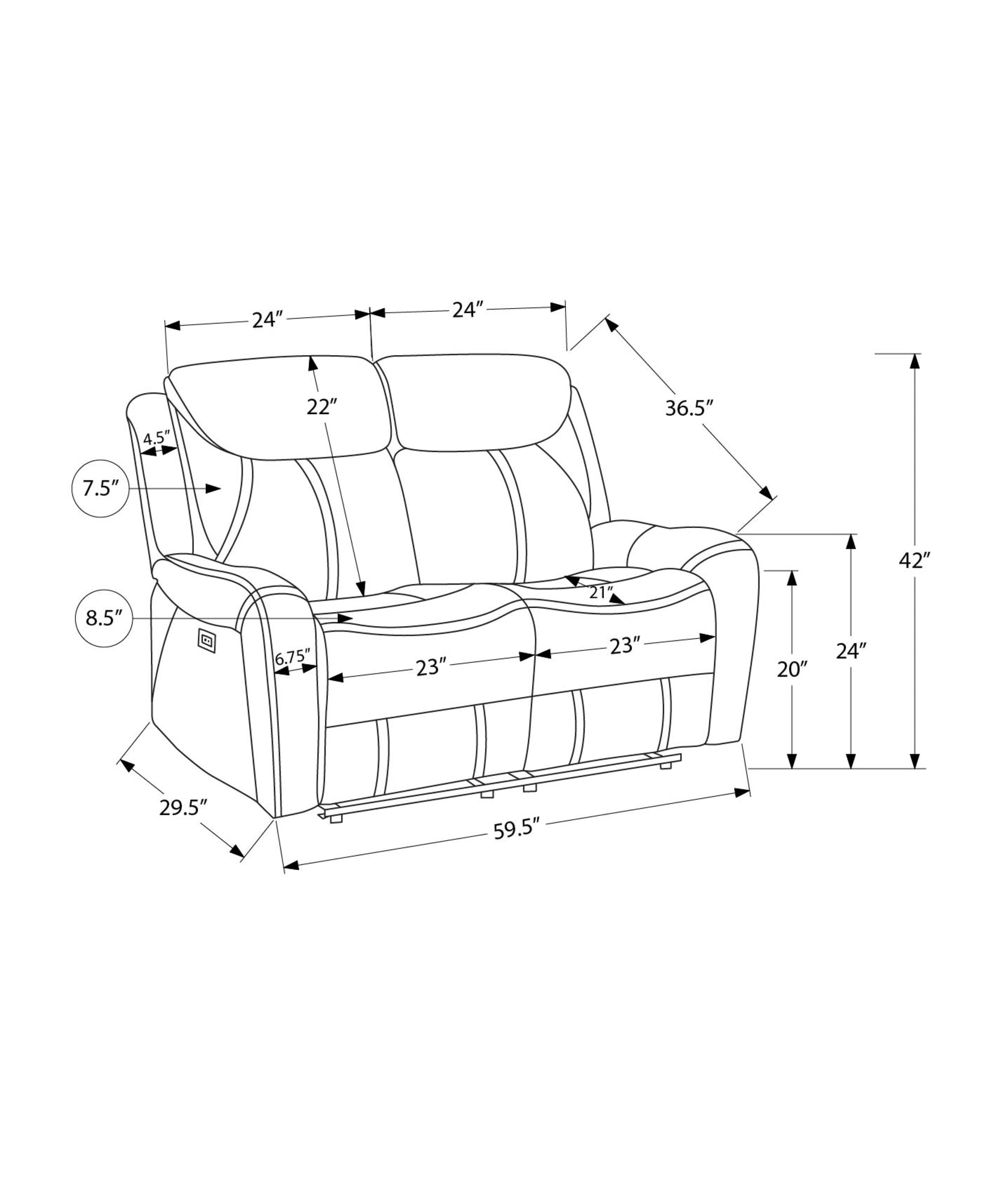 MN-978P32061    Reclining Love Seat, Power Recliner, 2 Seater, 60" Wide, Large, Upholstered, Usb Port Included, Brown Leather-look, Transitional