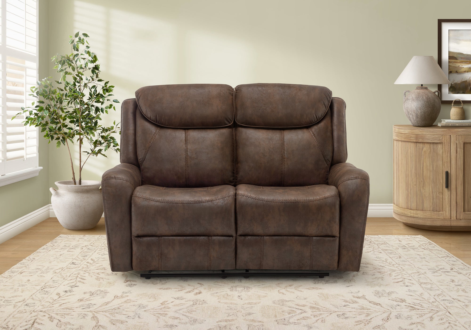 MN-978P32061    Reclining Love Seat, Power Recliner, 2 Seater, 60" Wide, Large, Upholstered, Usb Port Included, Brown Leather-look, Transitional