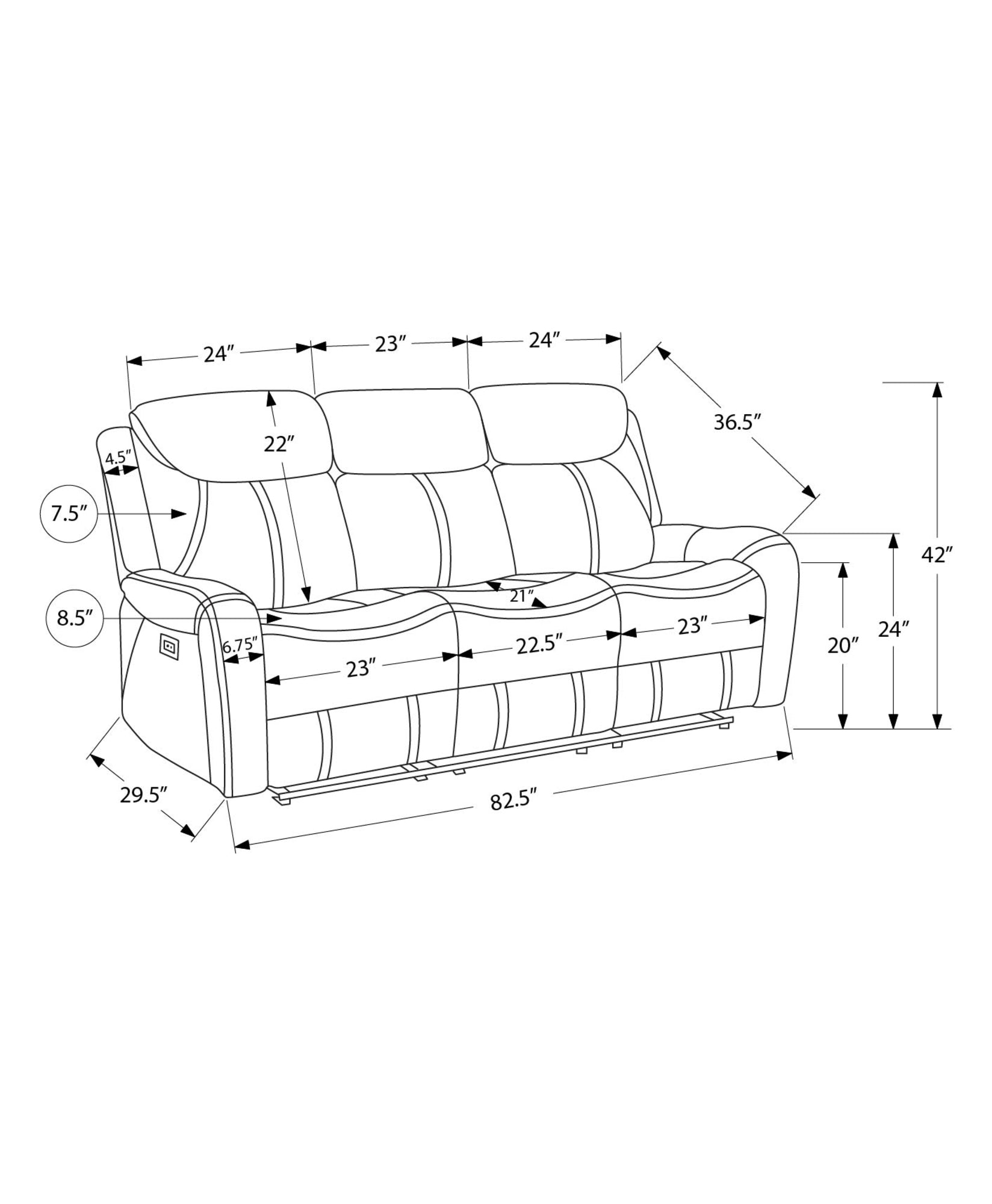 MN-988P33061    Reclining Sofa, Power Recliner, 3 Seater, 83" Wide, Usb Port Included, Faux Leather, Brown Leather-look, Transitional