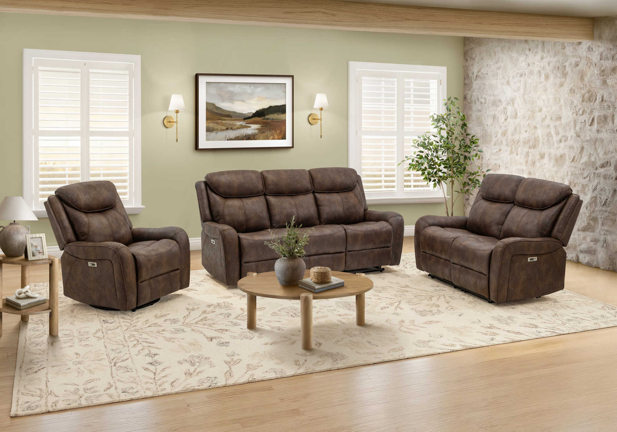 MN-988P33061    Reclining Sofa, Power Recliner, 3 Seater, 83" Wide, Usb Port Included, Faux Leather, Brown Leather-look, Transitional