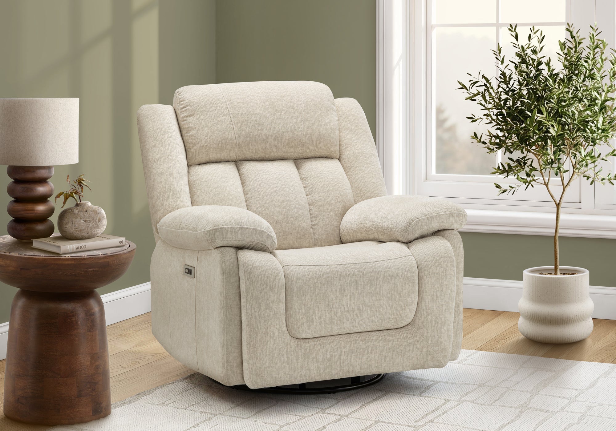 MN-998P41102    Reclining Chair, 39" Wide, Power Recliner, Glider, Swivel, Oversized, Upholstered, Usb Ports Included, Beige Fabric, Transitional