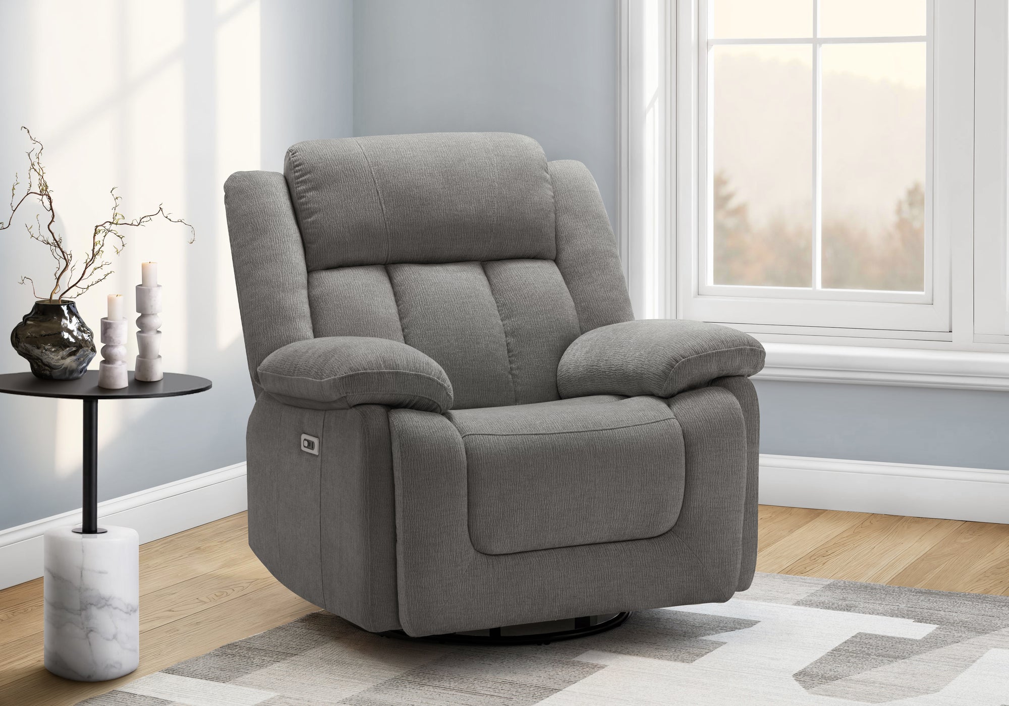 MN-108P41453    Reclining Chair, 39" Wide, Power Recliner, Glider, Swivel, Oversized, Upholstered, Usb Ports Included, Light Grey Fabric, Transitional