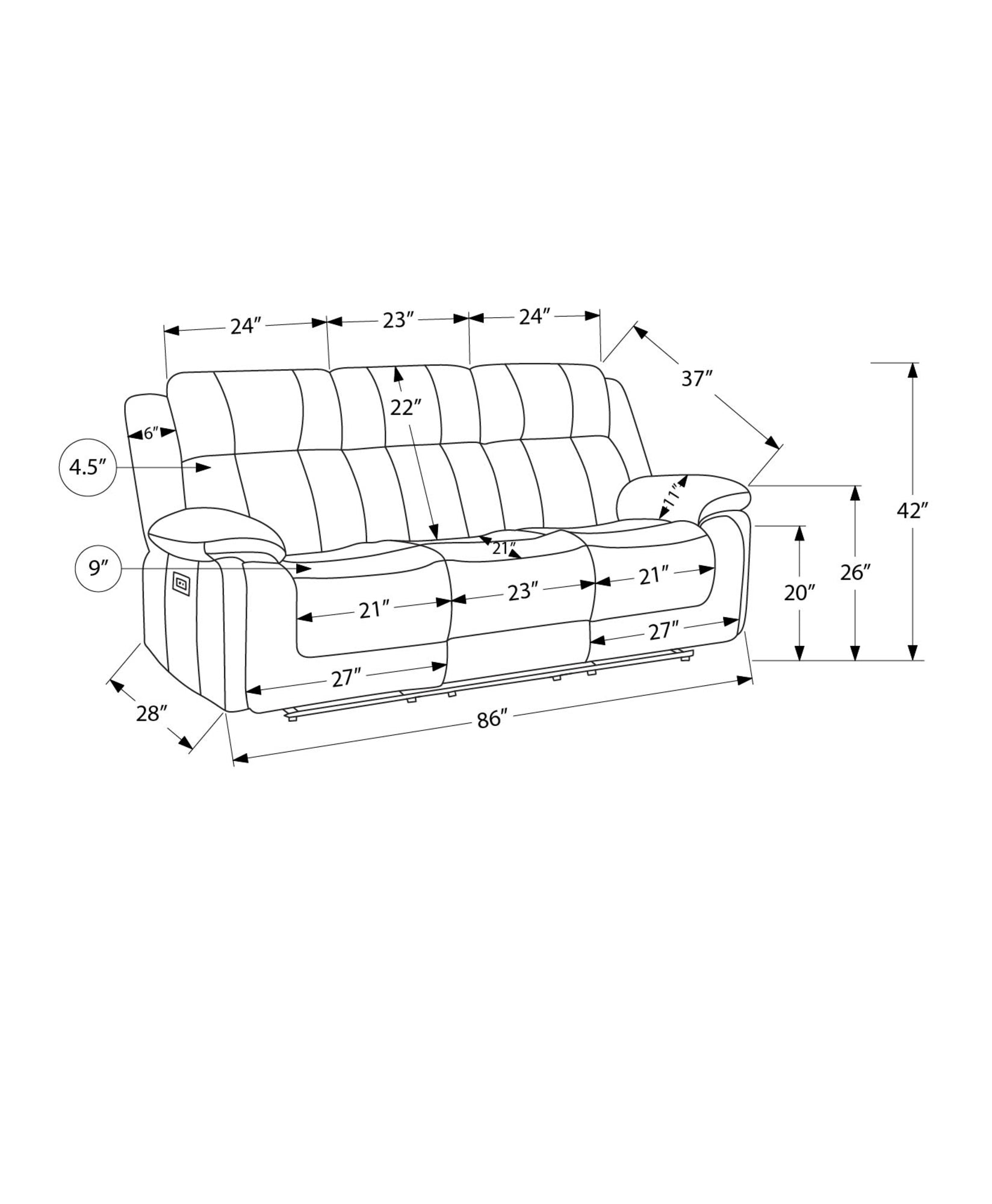 MN-Y138P43102    Reclining Sofa, Power Recliner, 86" Wide, 3 Seater, Upholstered, Usb Port Included, Beige Fabric, Transitional