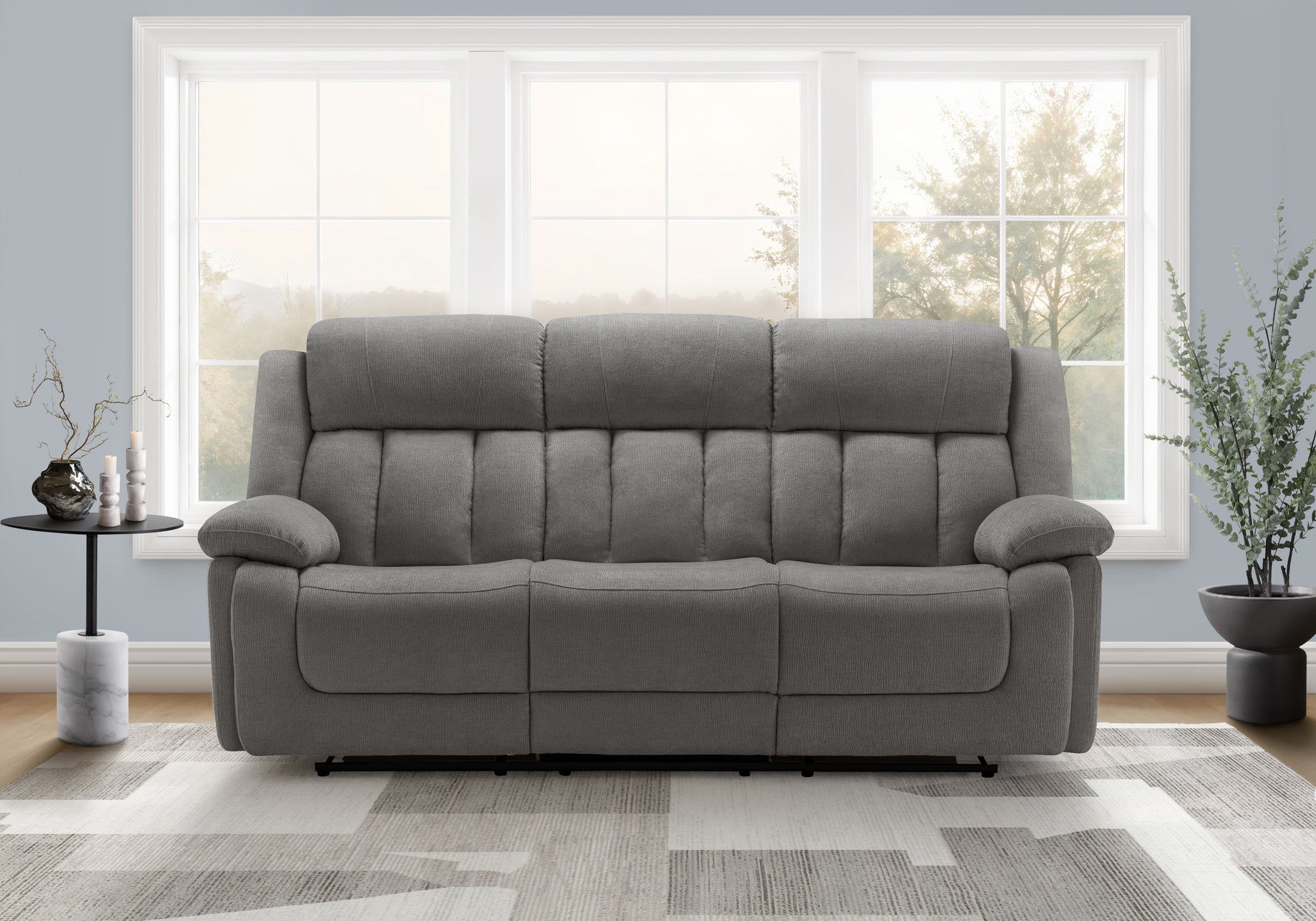 MN-Y138P43453    Reclining Sofa, Power Recliner, 86" Wide, 3 Seater, Upholstered, Usb Port Included, Light Grey Fabric, Transitional