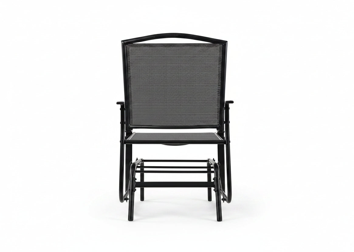 JL-0420 Patio Chair, Grey Wicker, Glider, Black Metal Frame, Outdoor