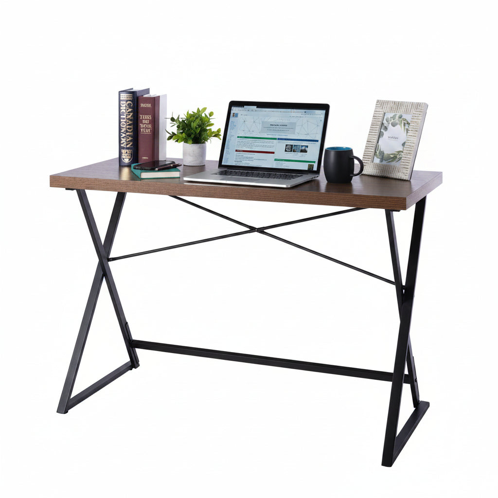 JL-062WD Writing Desk, 45" Wide, Brown, Black Metal X Frame